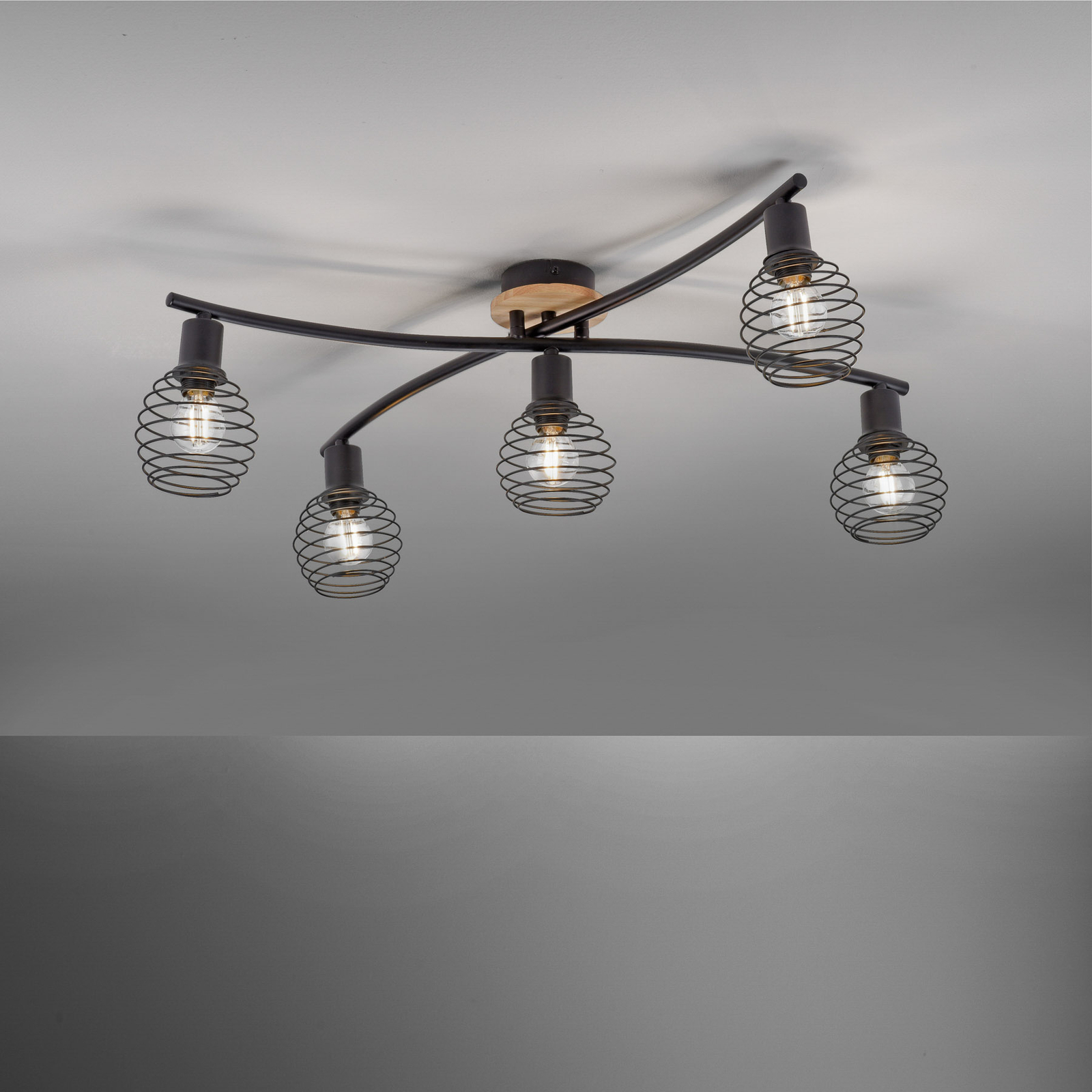 Eugen ceiling light, wood decor, 5-bulb