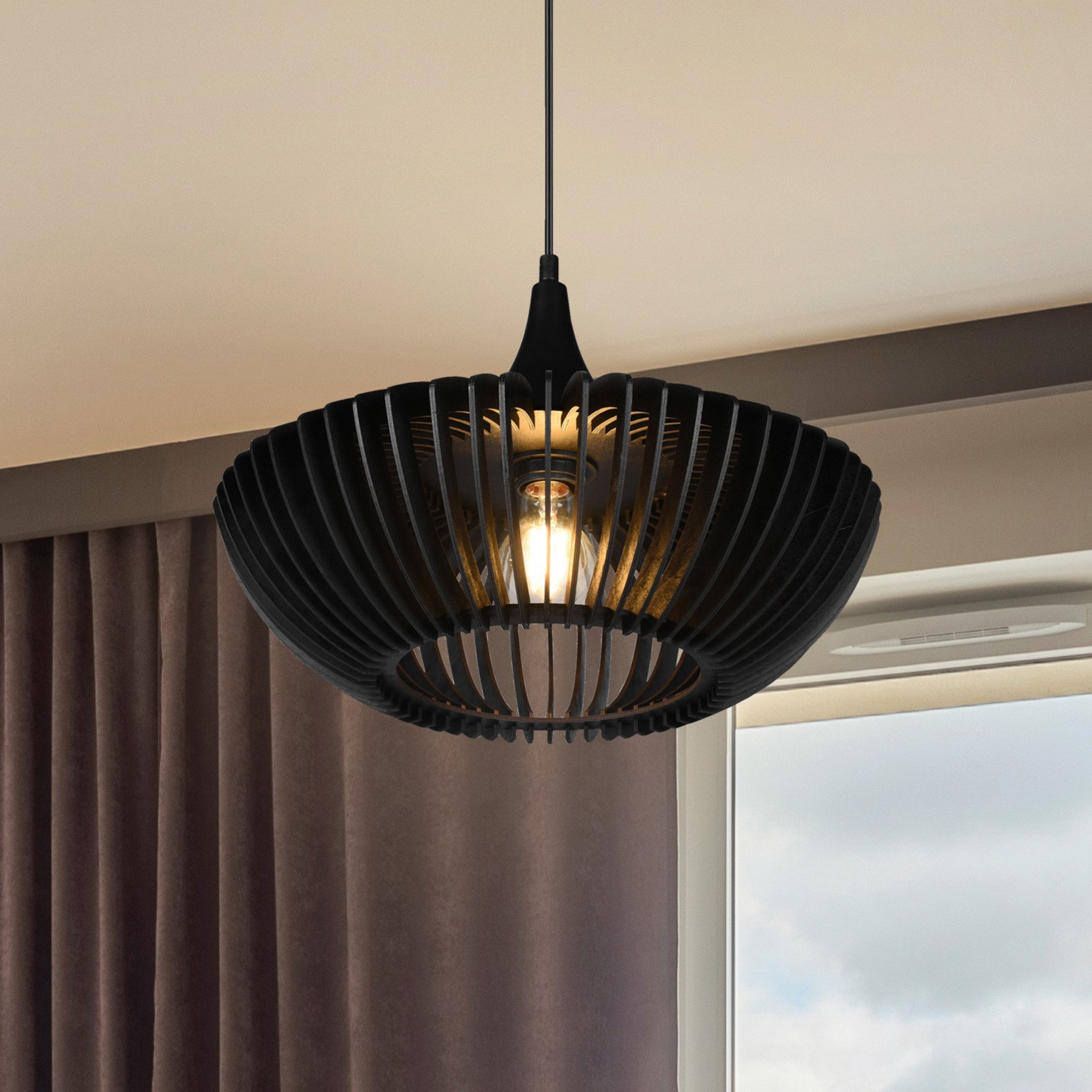 Trio Lighting Lampă suspendată Colino din lamele de lemn negru - Camera de zi / sufragerie