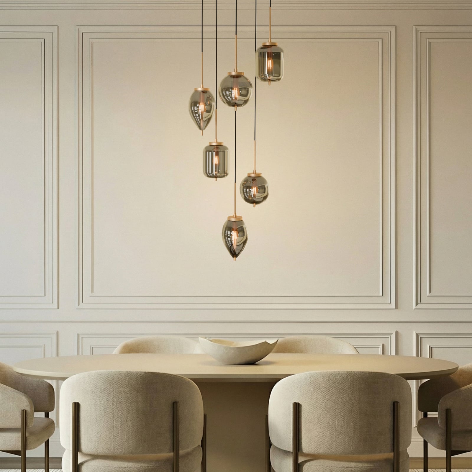 Suspension Lucande Elani, à 6 lampes, Ø 62 cm, verre