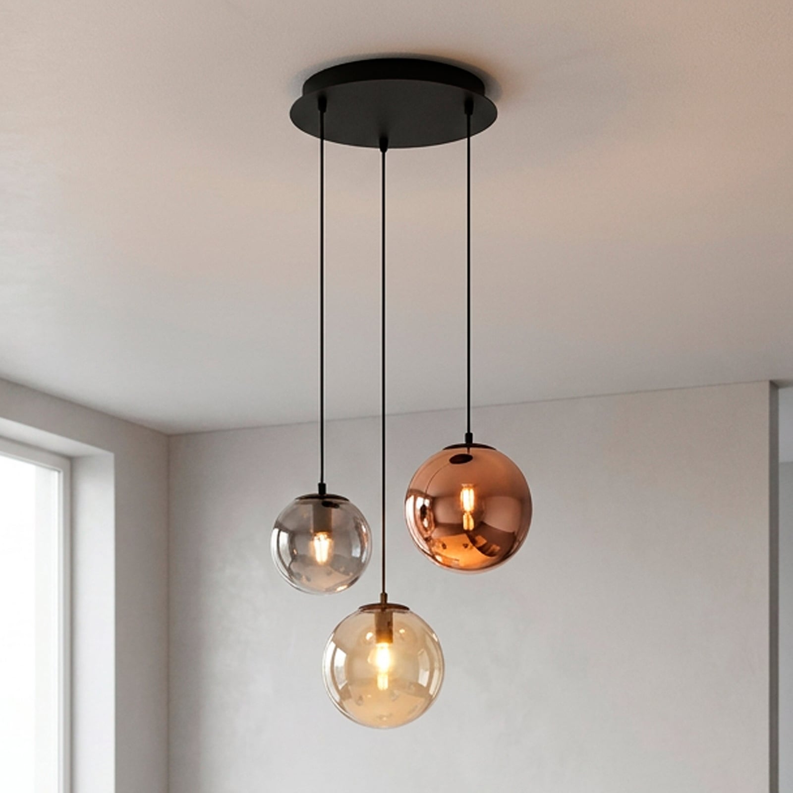 Shiny pendant light, 3-bulb, round, multicoloured, glass, E14