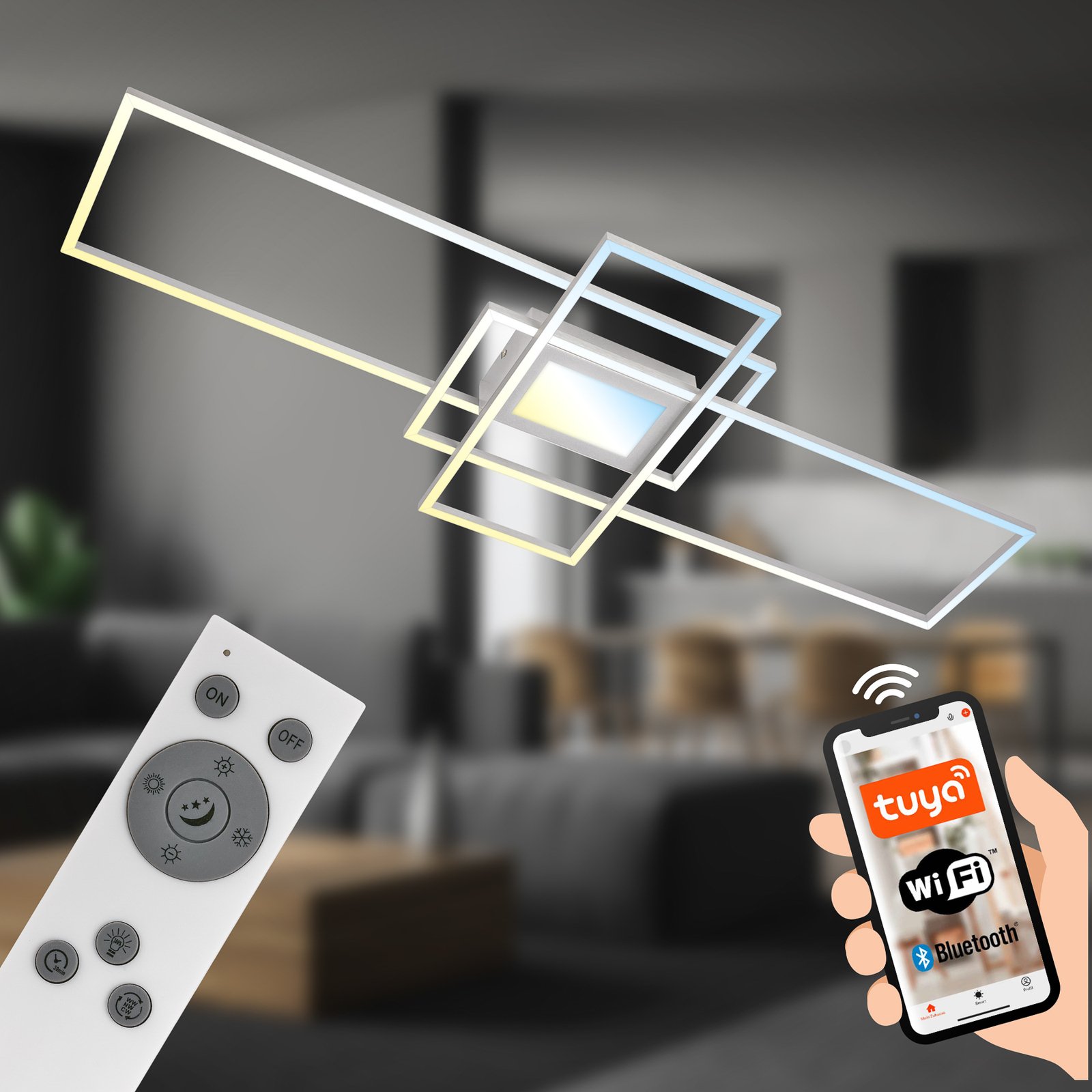 Smart LED ceiling light Ram, aluminium-coloured, CCT, remote control