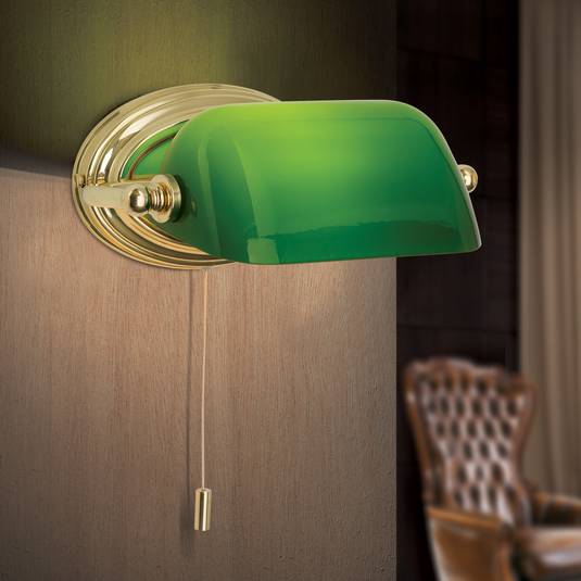 Harvard wall light with pull switch, brass/green Lights.ie