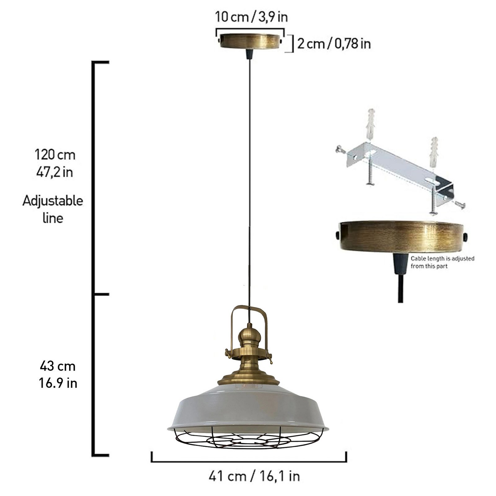 Suspension Astel, gris, Ø 41 cm, métal, détail laiton vieilli