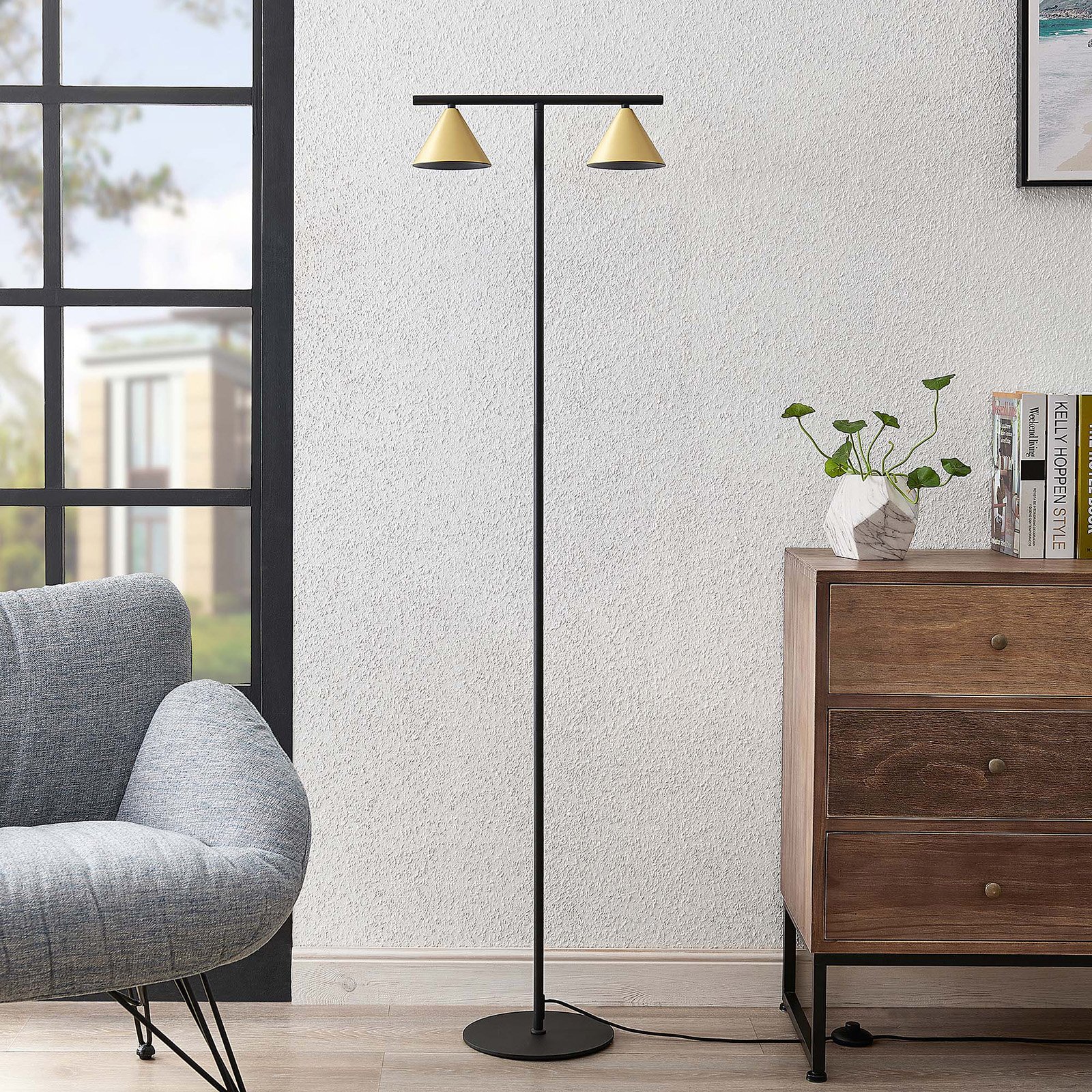 Lucande Kartio floor lamp, brass, for Living / Dining Room, iron, GU10, 35 W, energy efficiency: A++, W: 40 cm, H: 150 cm
