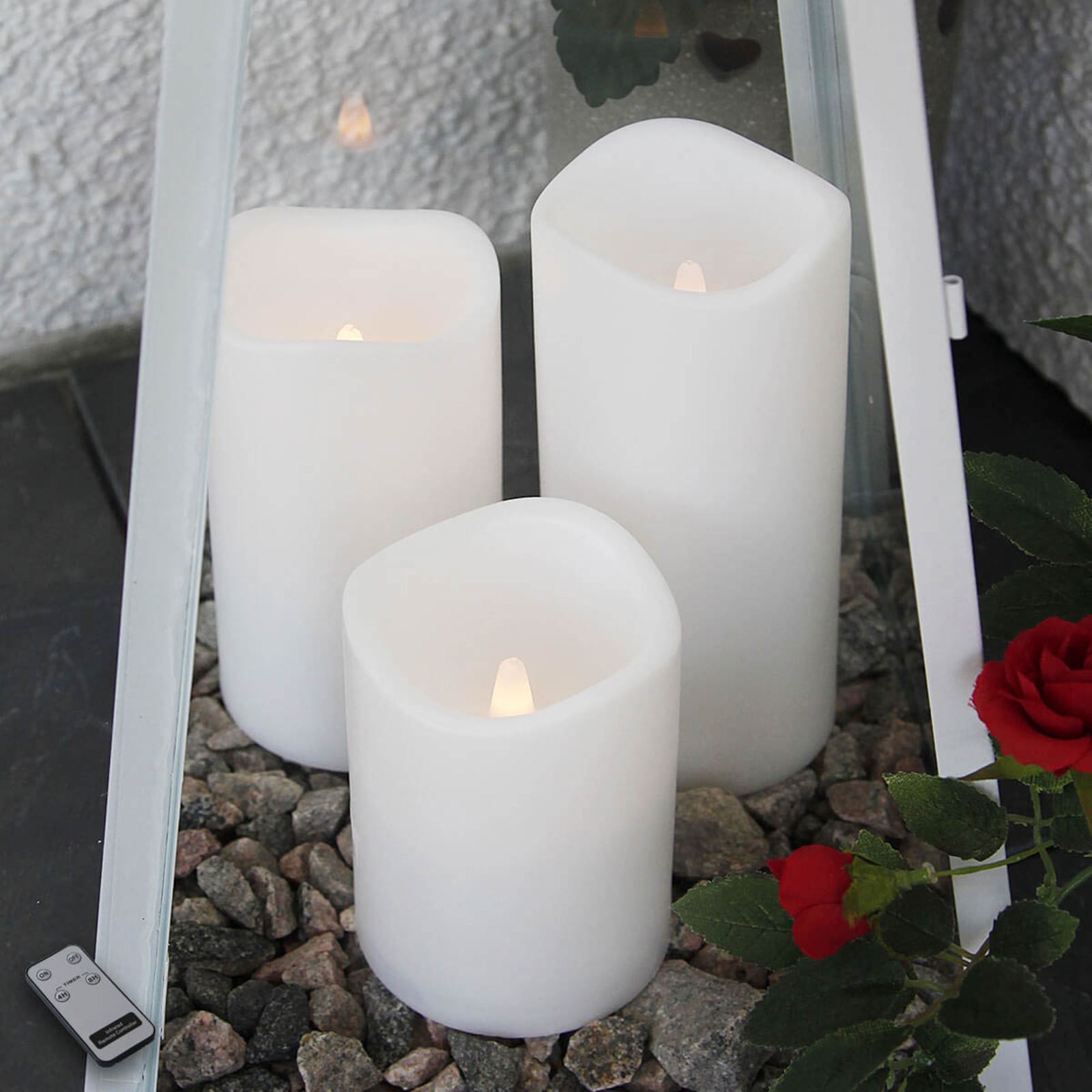 Set of three LED candles for outdoors