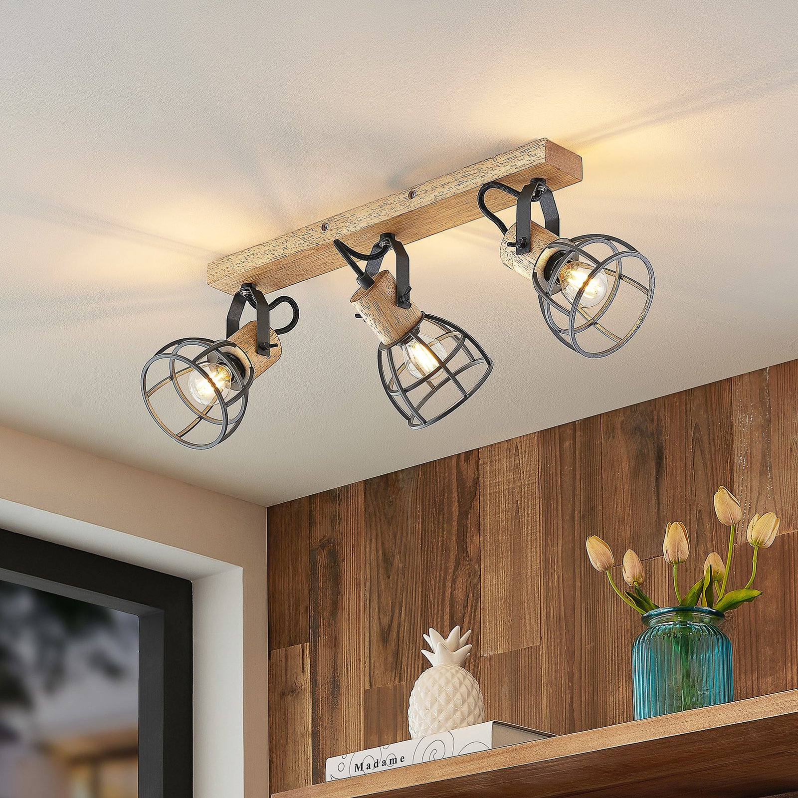 Flintos 3 Kattovalaisin Wood/Black - Lindby