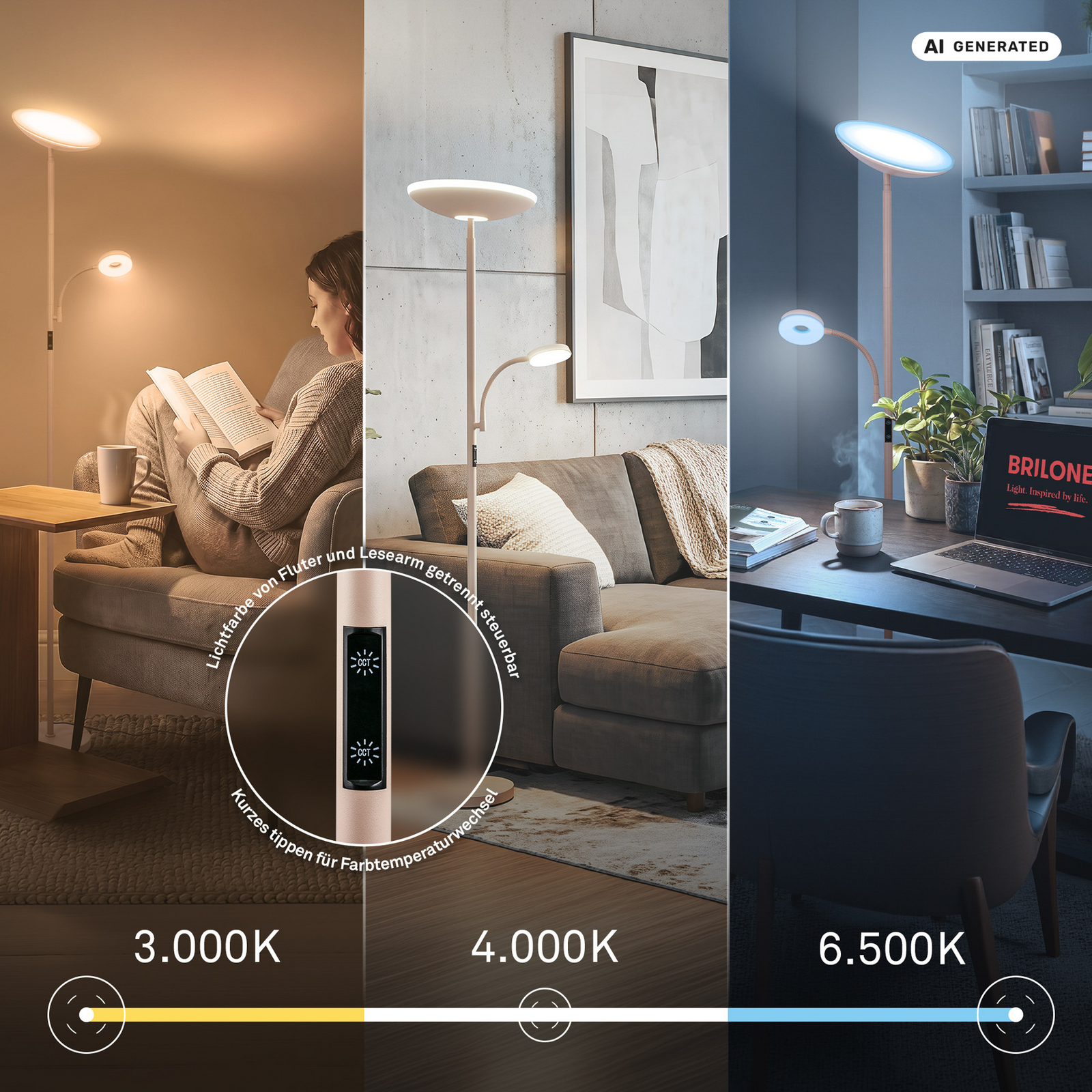 LED-Stehleuchte Sira, beige, CCT, Touchdimmer, Leselicht LED-Stehleuchte Sira, beige, CCT, Touchdimmer, Leselicht