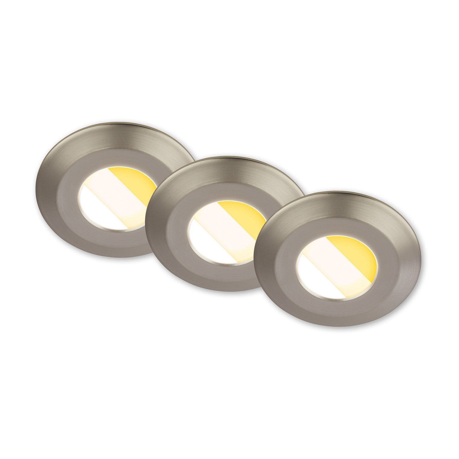 Klira LED recessed light, matt nickel, Ø9cm, IP44, dimmable, 3 units