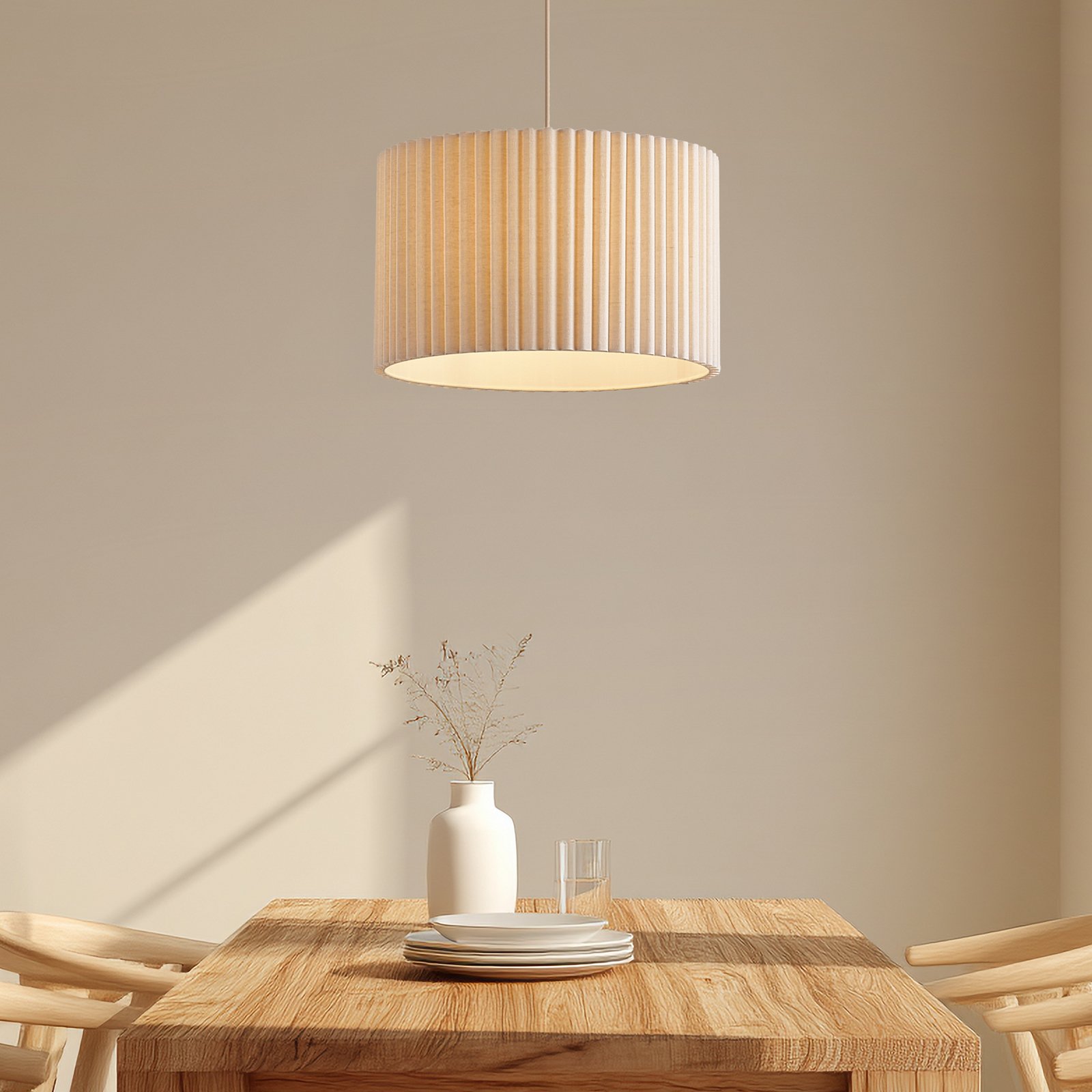 Lindby Hängeleuchte Libbie, Ø 45 cm, Leinen, cremefarben