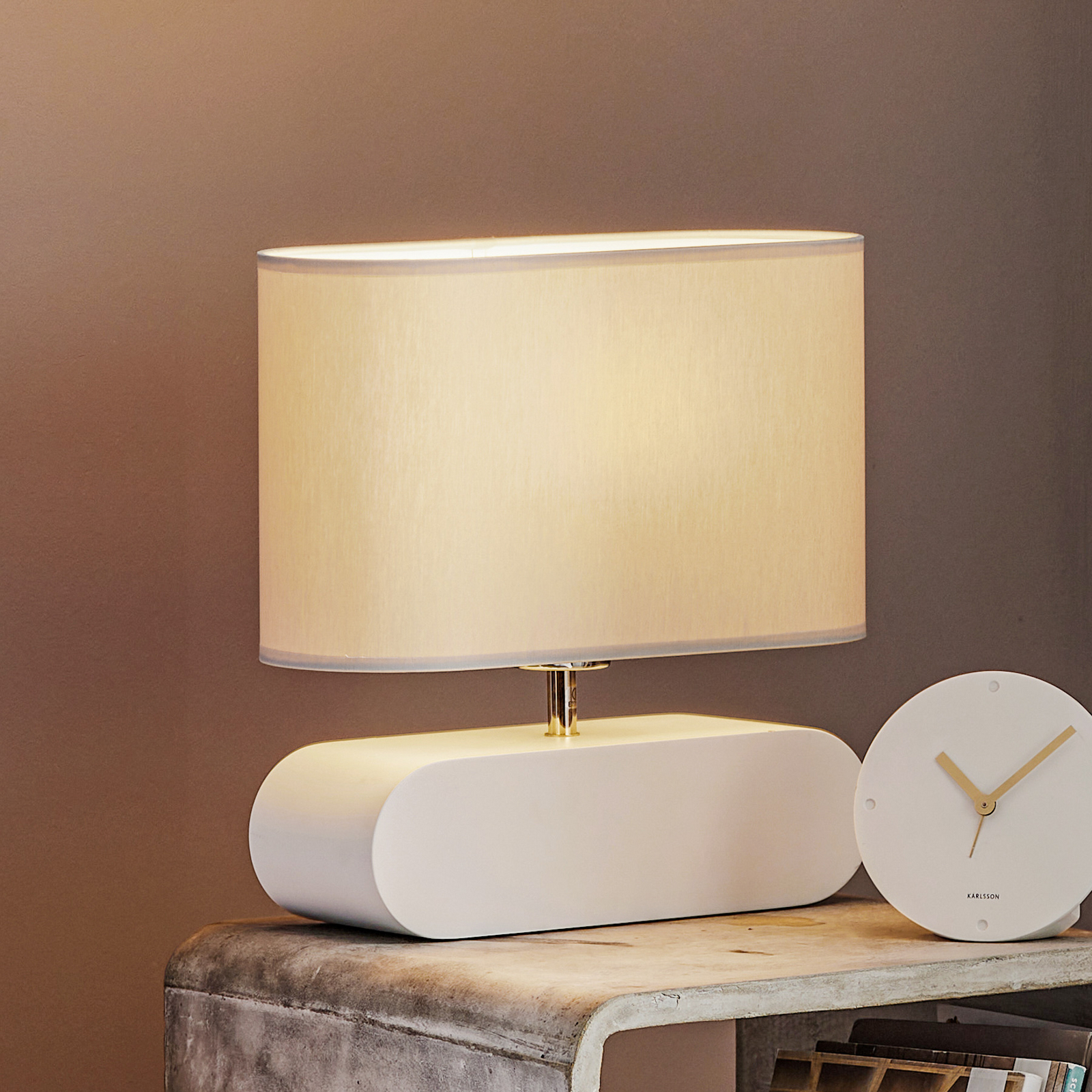 Lampe table Cassy pied blanc, abat-jour tissu gris