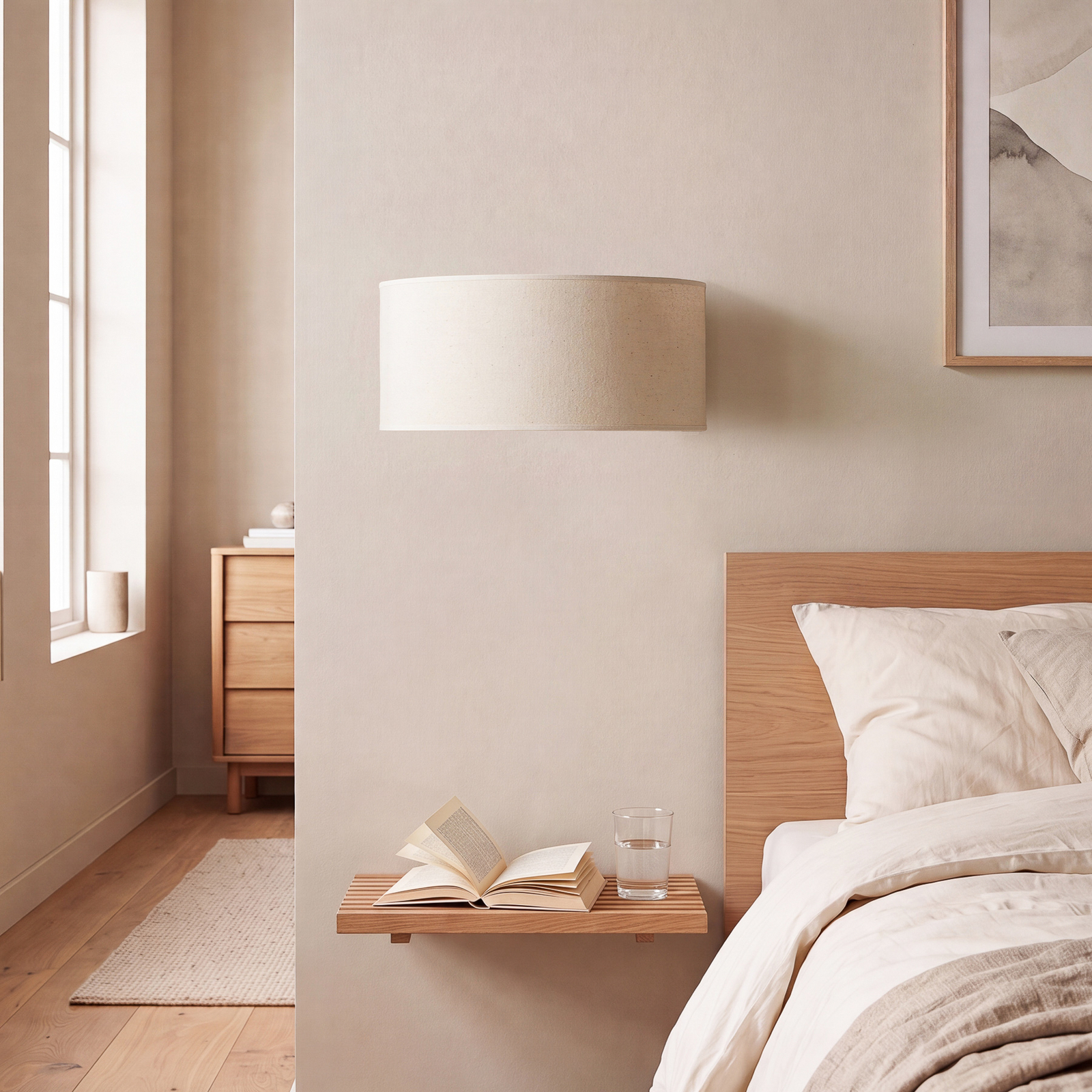Wandlamp Nature, crème, breedte 40 cm, textiel, omhoog/omlaag