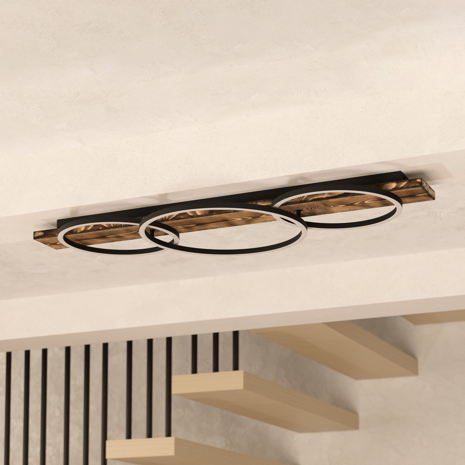 LED plafondlamp Boyal, zwart, lengte 101 cm, hout, 3-lamps.