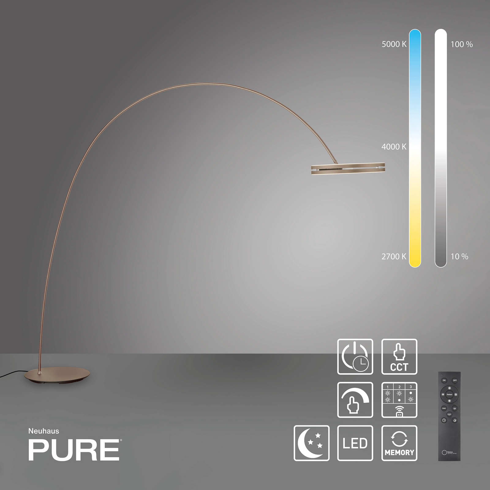 PURE LED vloerlamp Loop-Bow, bronskleurig, reikwijdte 290 cm
