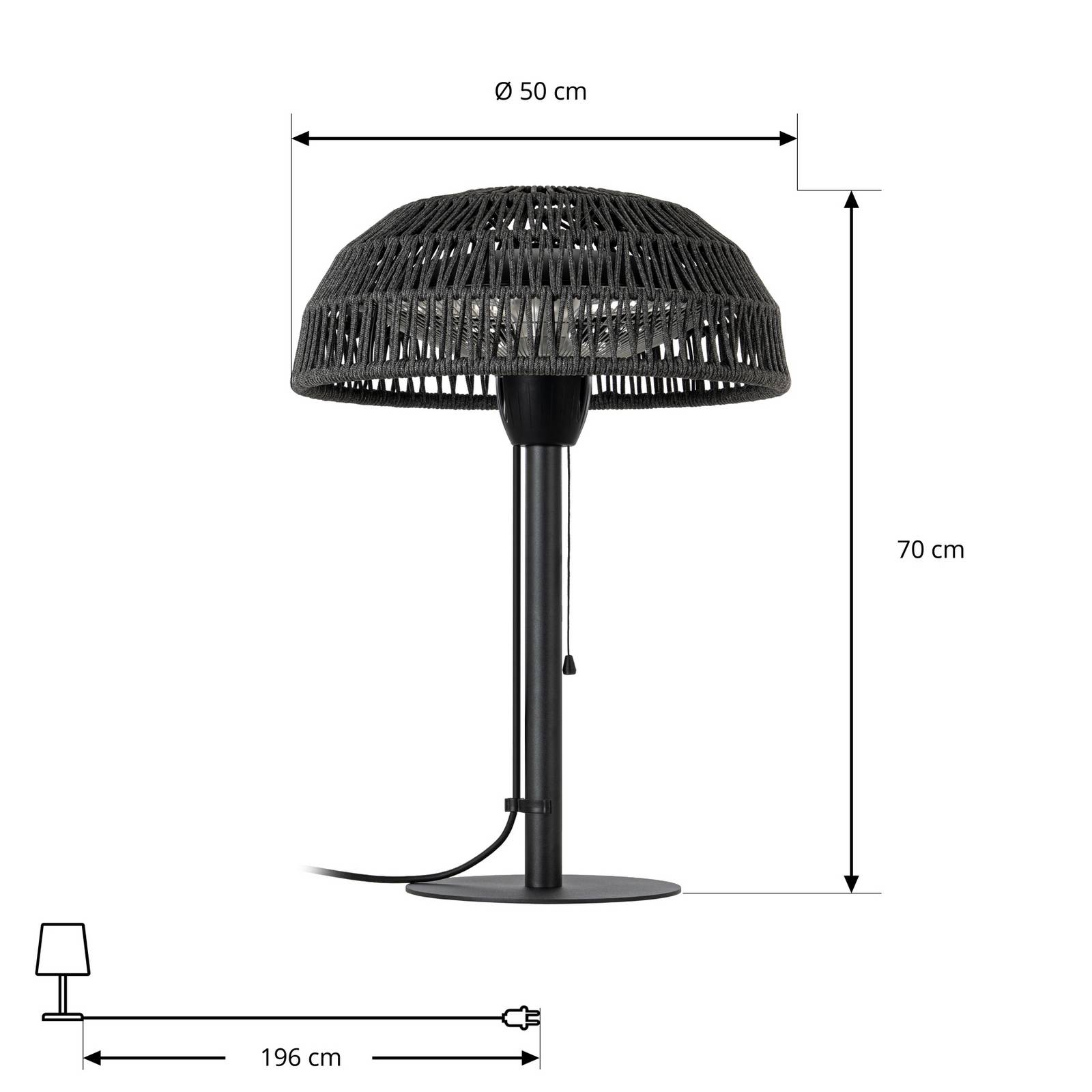 Promiennik stołowy Lucande Calenza, czarny, 70 cm, 1 500 W