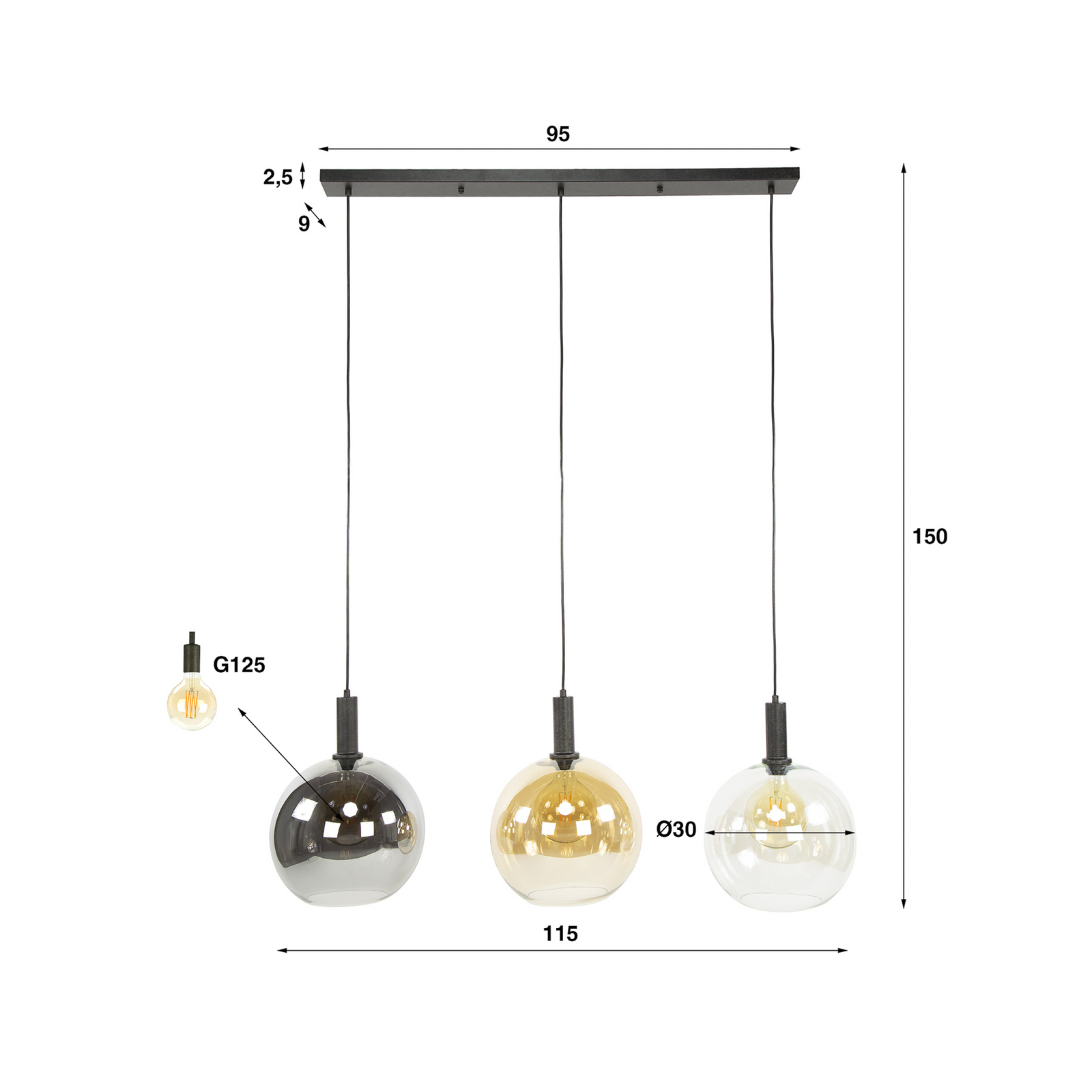 Pendelleuchte Sfera Tricolore, mehrfarbig, 3-flg., Glas, E27