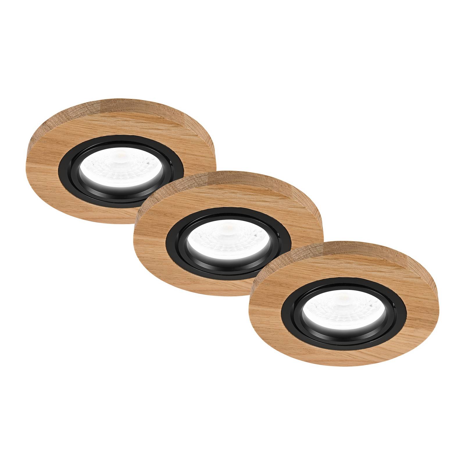 Deckeneinbauleuchte Tobby, Ø 10 cm, 3er-Set, Eichenholz GU10