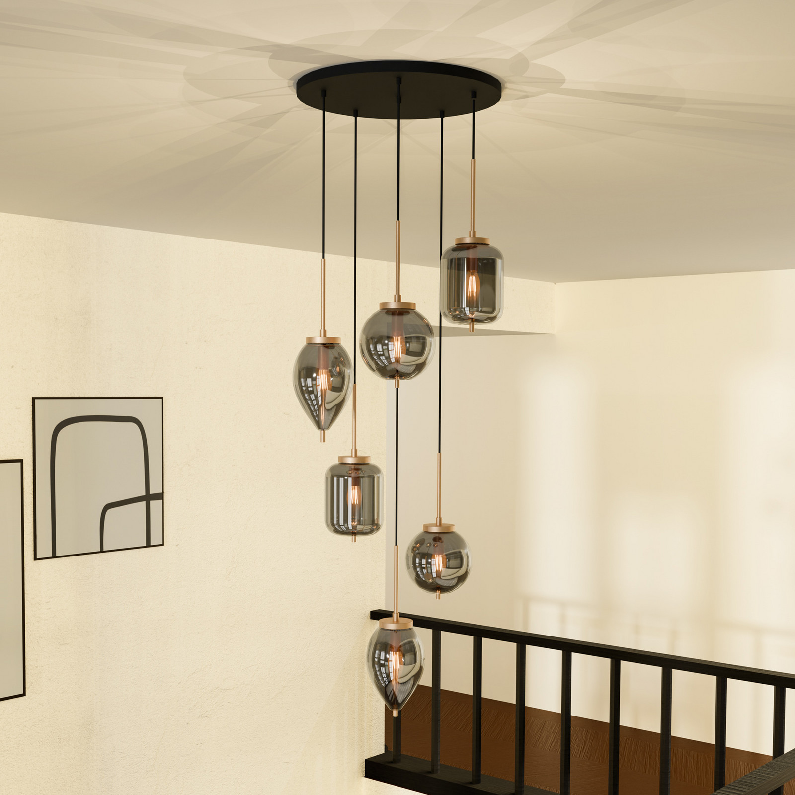 Lampa suspendată Lucande Elani 6 becuri Ø 62 cm sticlă - Camera de zi / sufragerie - Modern - negru auriu