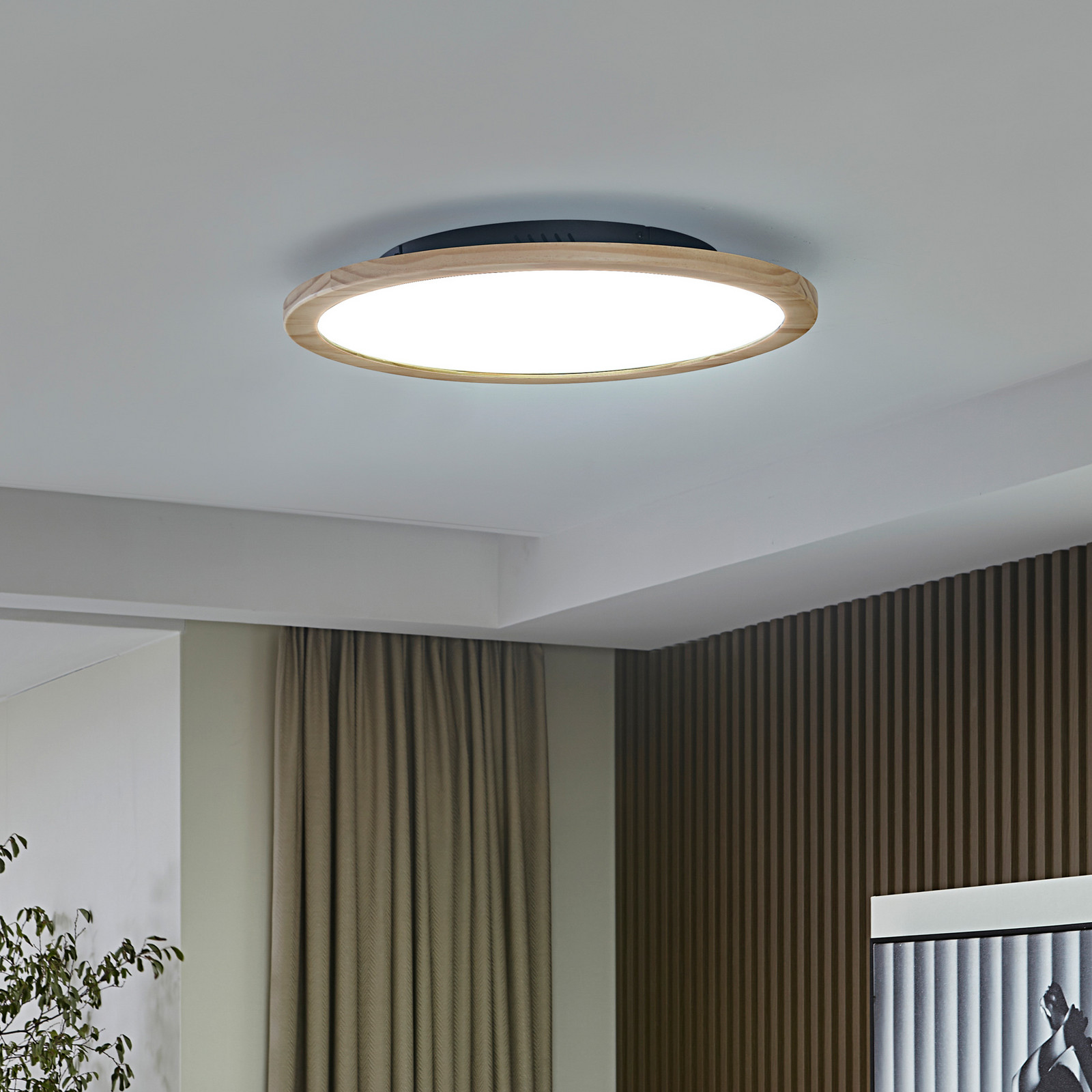 Lucande LED plafonieră Joren Ø 48 cm lemn CCT telecomandă - Camera de zi / sufragerie - Casă de țară / Rustic - lemn deschis alb