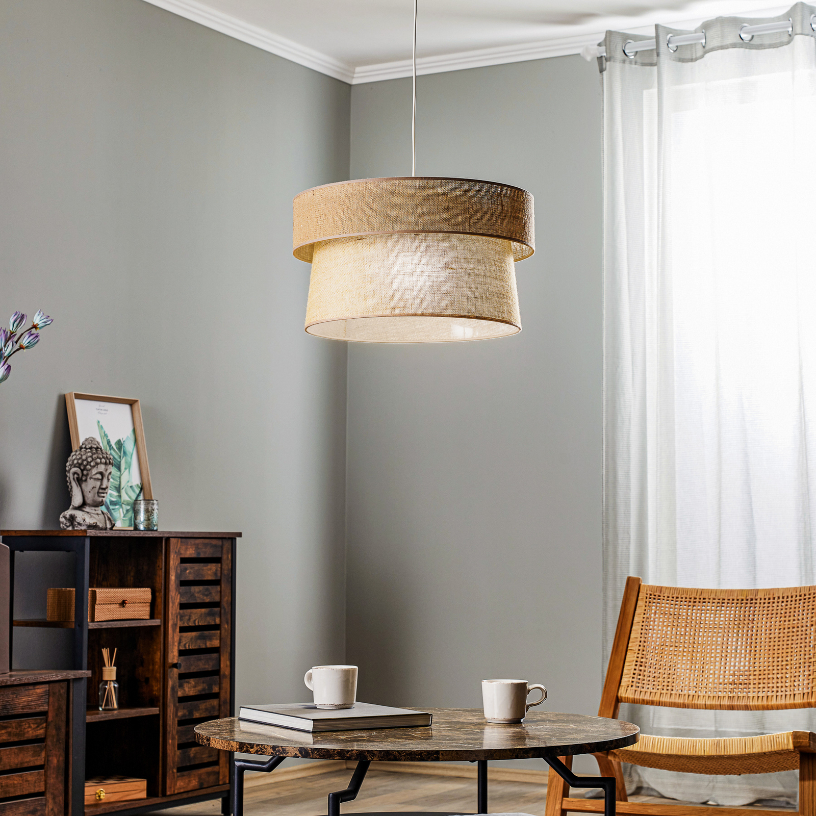 Hanglamp Etnic, dubbele kap, bruine Jute