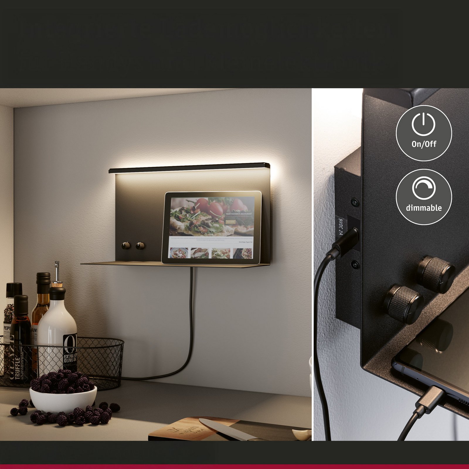 Paulmann aplică de perete LED Jarina negru 35 cm Suport Port USB Paulmann aplică de perete LED Jarina negru 35 cm Suport Port USB