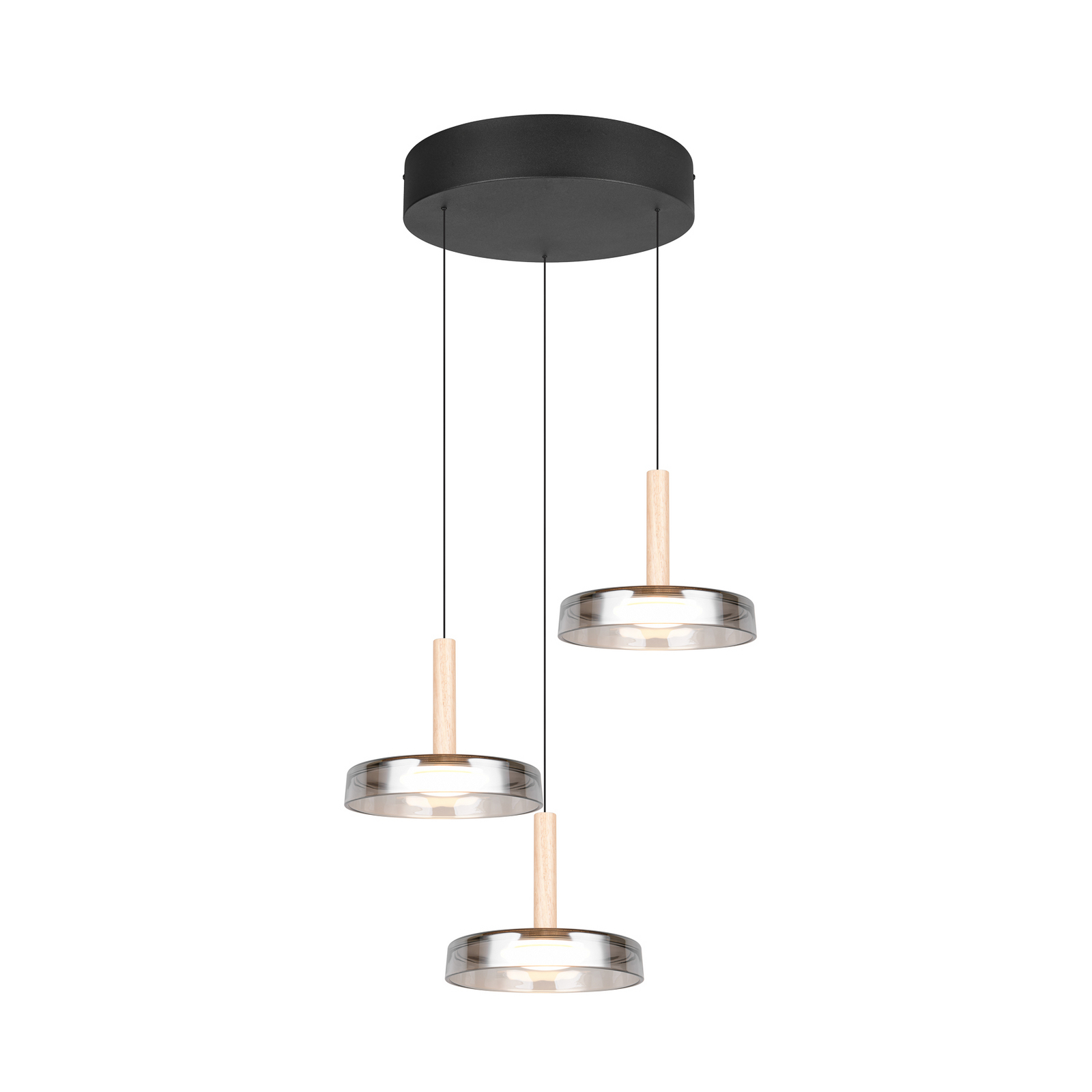 Lámpara colgante LED Celeste, cromo/madera, Ø 35 cm 3 luces de cristal