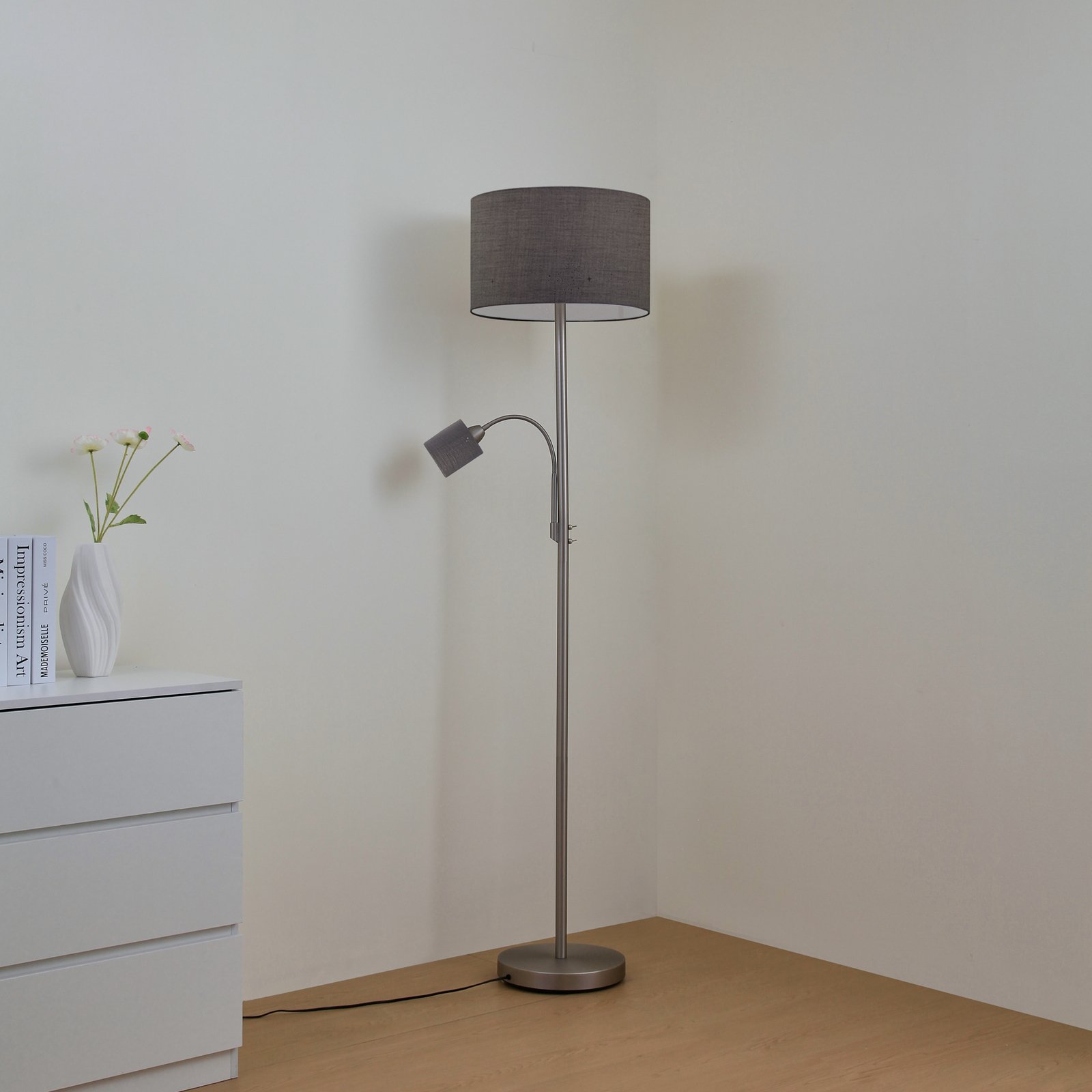 Lindby Stehleuchte Jaileen, grau, Textil, 170 cm, Leselicht