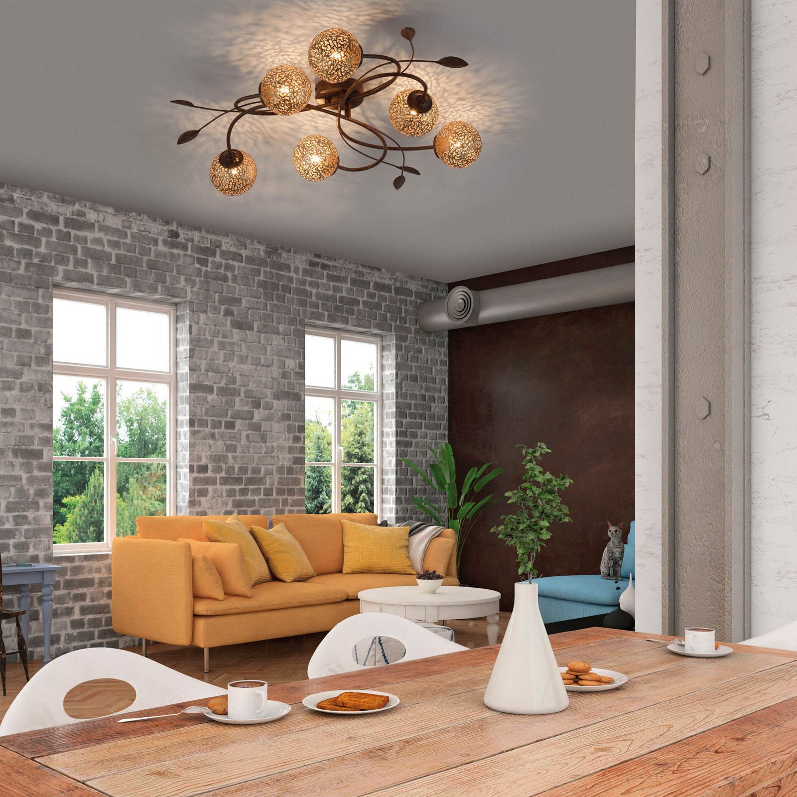 Paul Neuhaus Greta plafonieră 65 cm 6 becuri metal G9 - Camera de zi / sufragerie - Casă de țară / Rustic - rugină aur