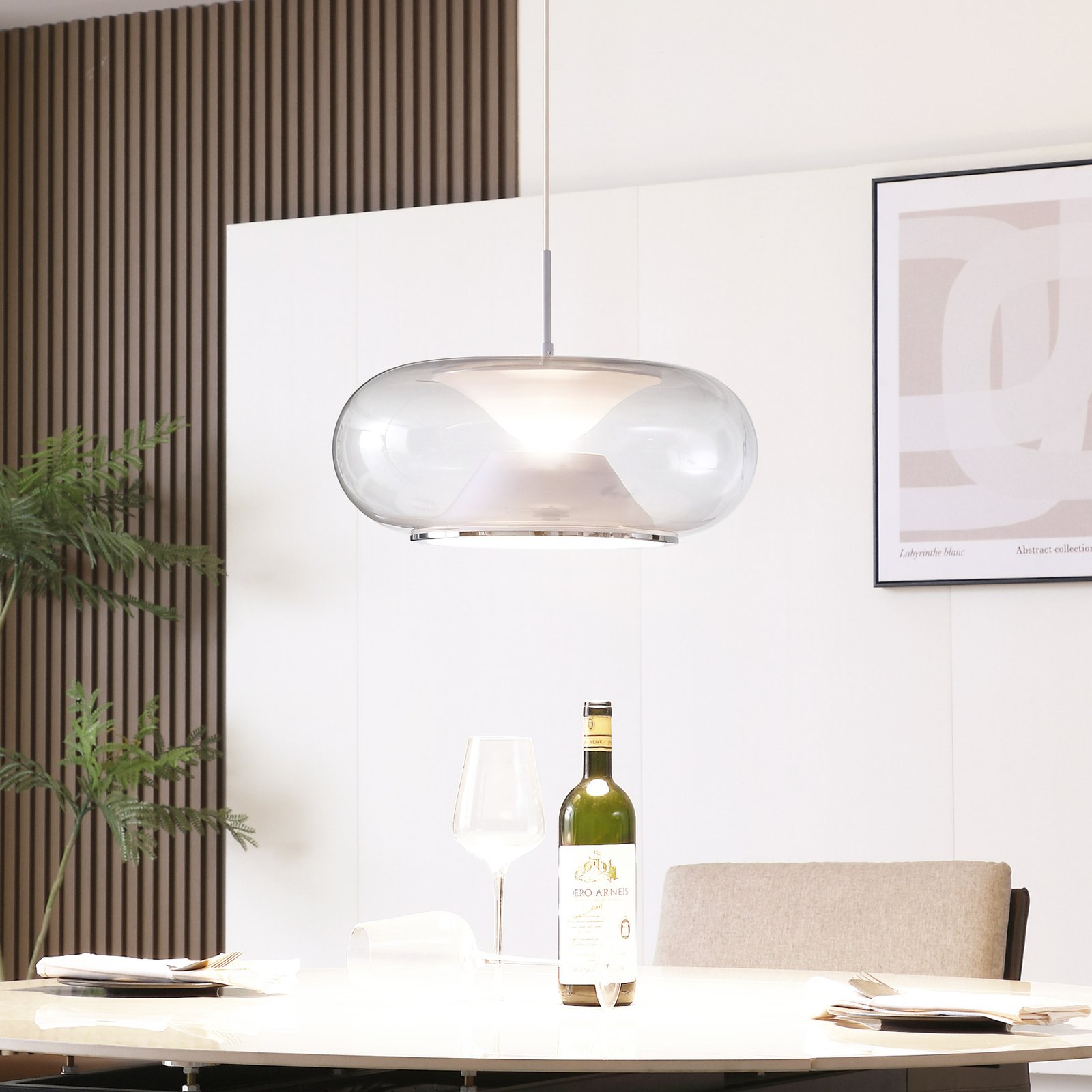 Lucande, candeeiro suspenso LED Orasa, vidro, branco/claro, Ø 43 cm