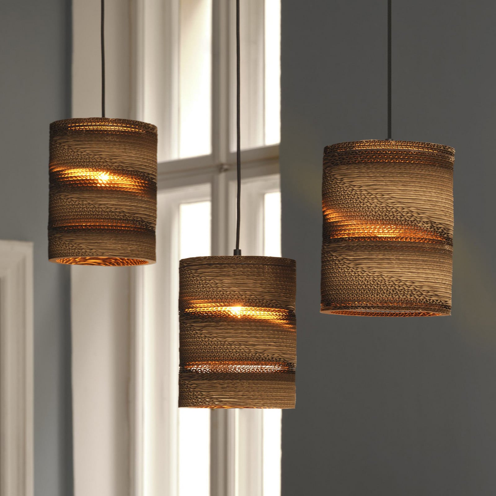 Lampă suspendată OSRAM CYLINDER 3 becuri maro Ø 20 cm carton ondulat - Camera de zi / sufragerie - Hârtie / Carton