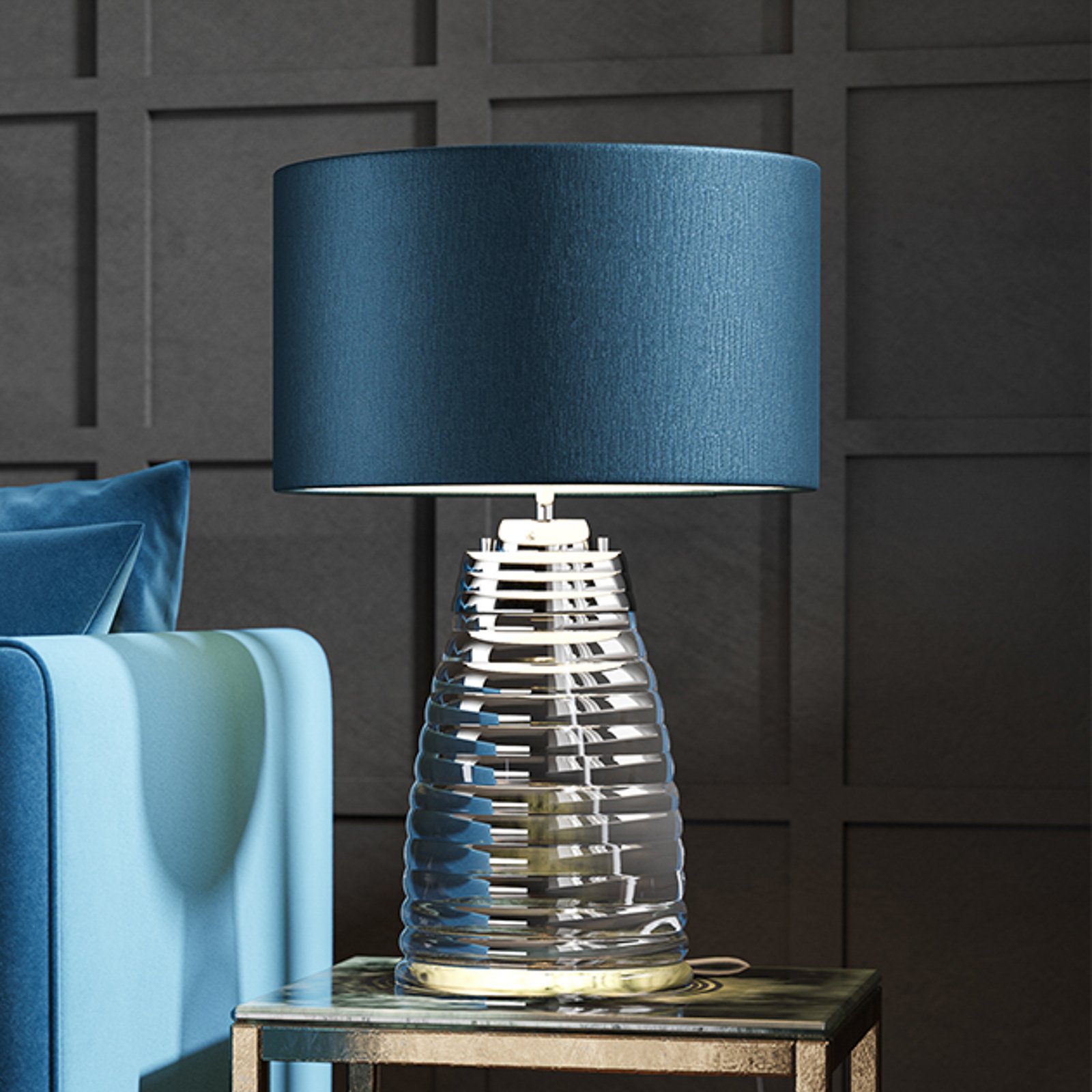 Lámpara de mesa Milne base de vidrio pantalla azul