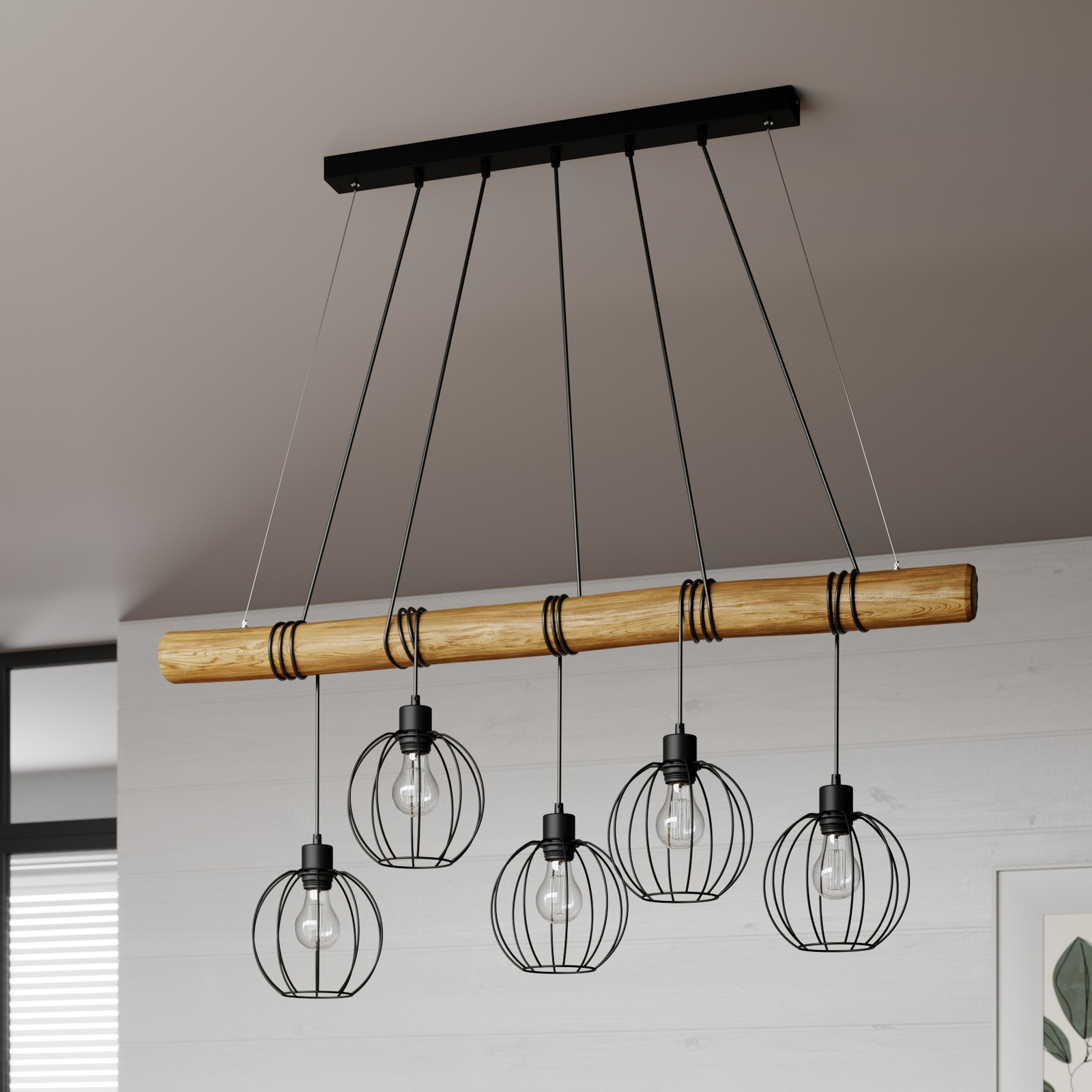 Hanglamp Karou, 5-lamps, bruin gebeitst