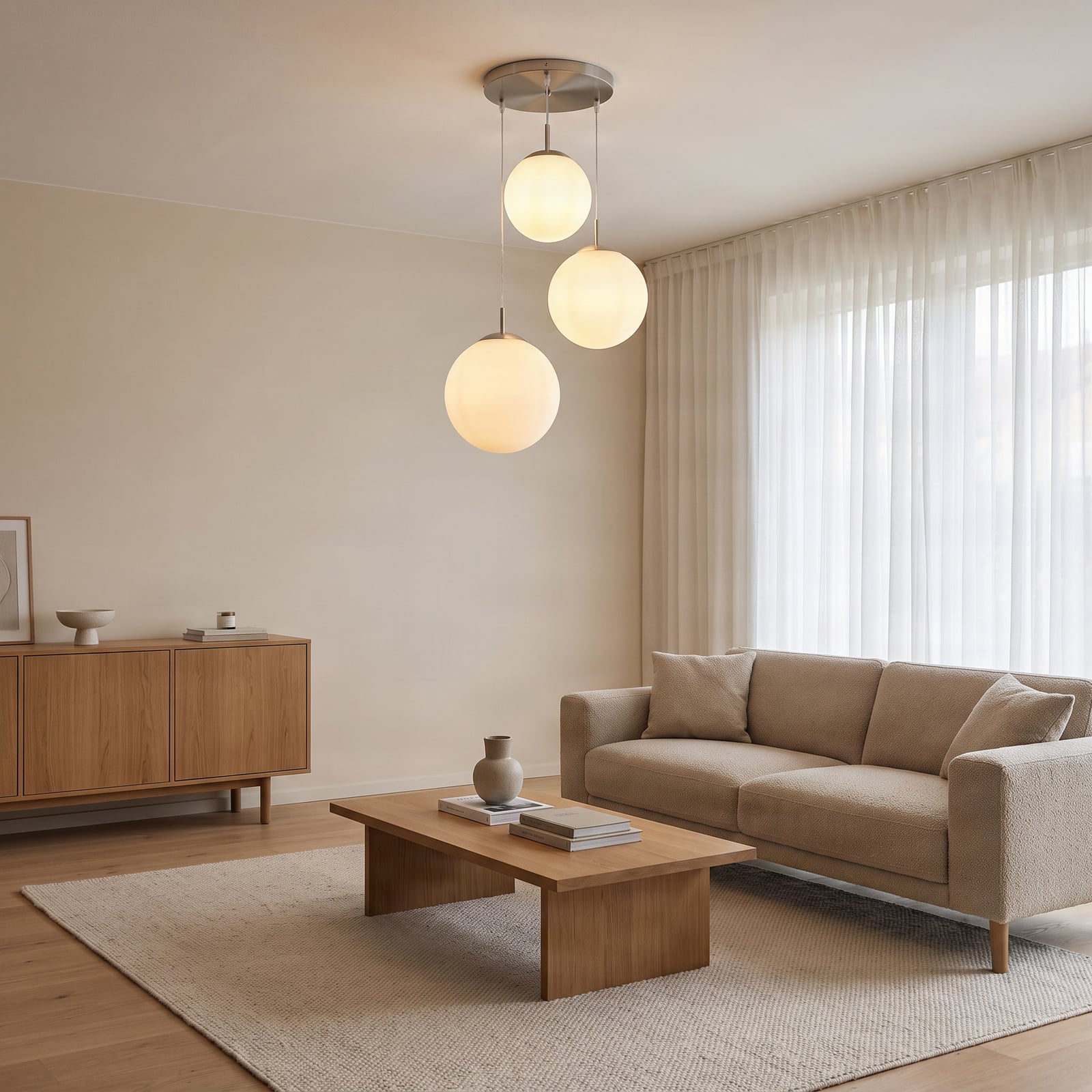 Lindby pendant light Heleska, white, glass, 3-bulb, Ø 47cm