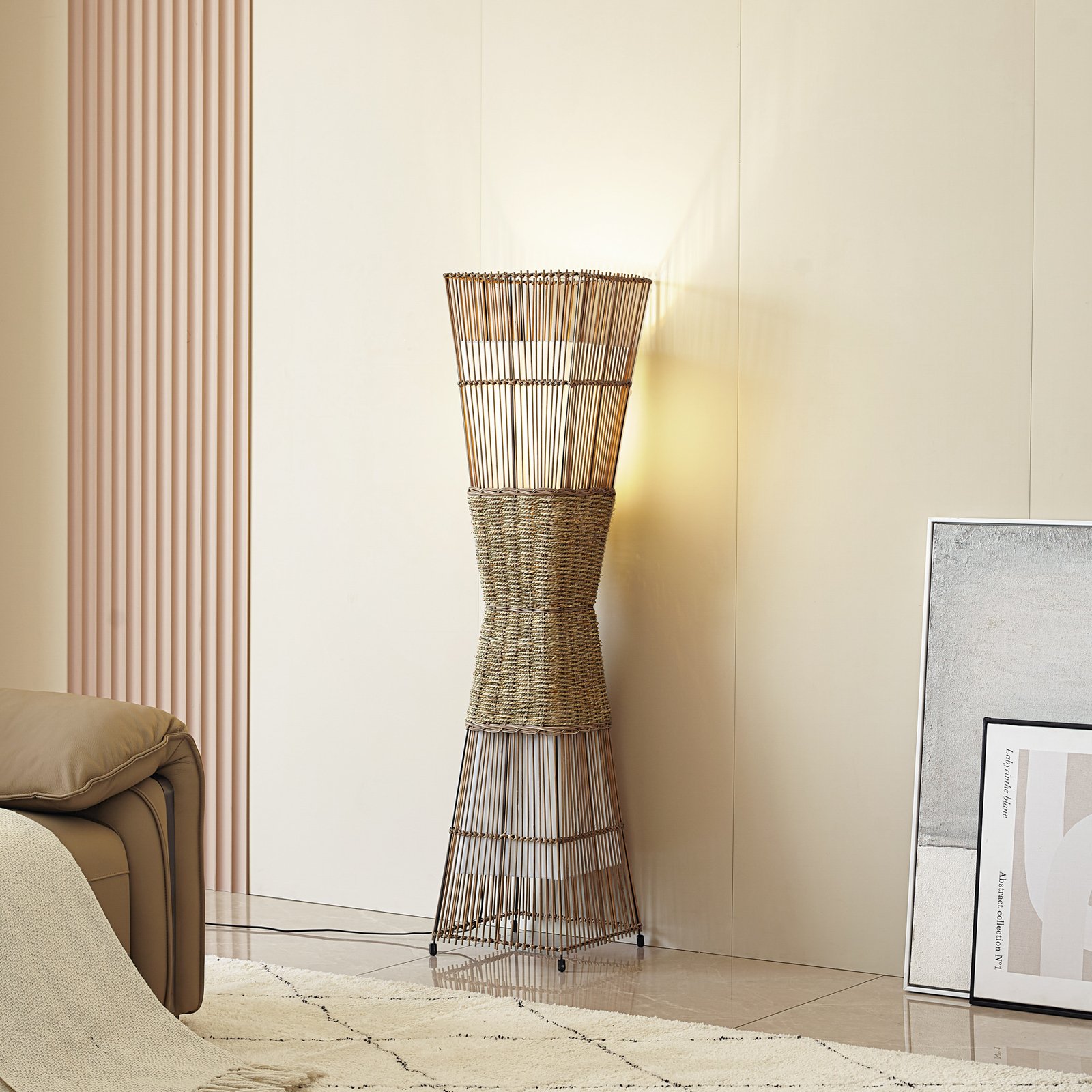 Lindby Jacinto floor lamp, bamboo, hemp, height 130 cm