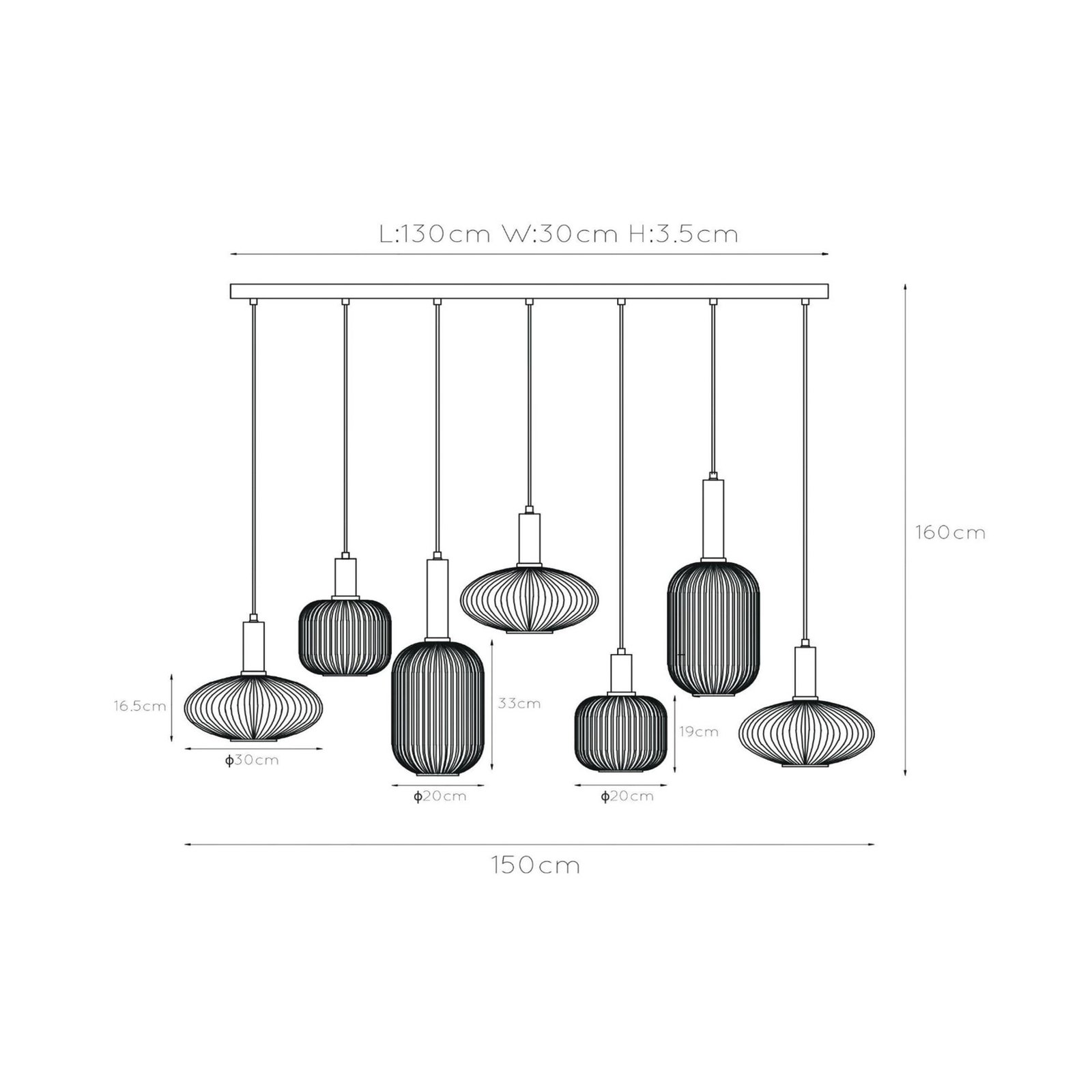 Maloto hanglamp, glas, 7-lichts, amber, 150 cm