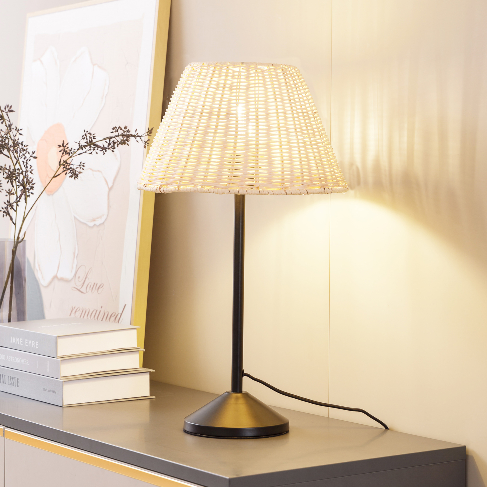 Lindby lampe à poser Zyralia, couleur bois, rotin, Ø 30 cm