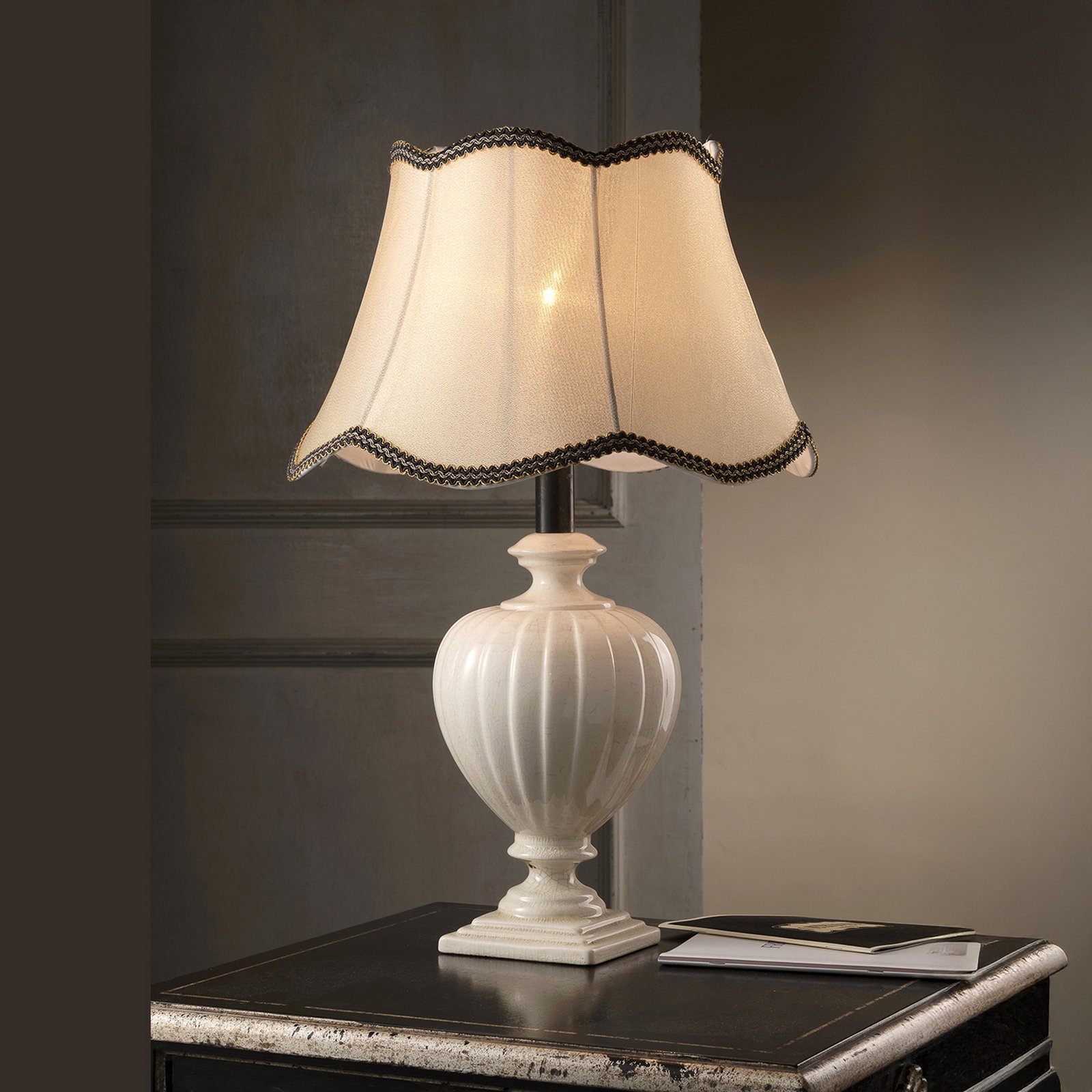 Desy table lamp, ceramic, textile, cream-coloured, height 60 cm