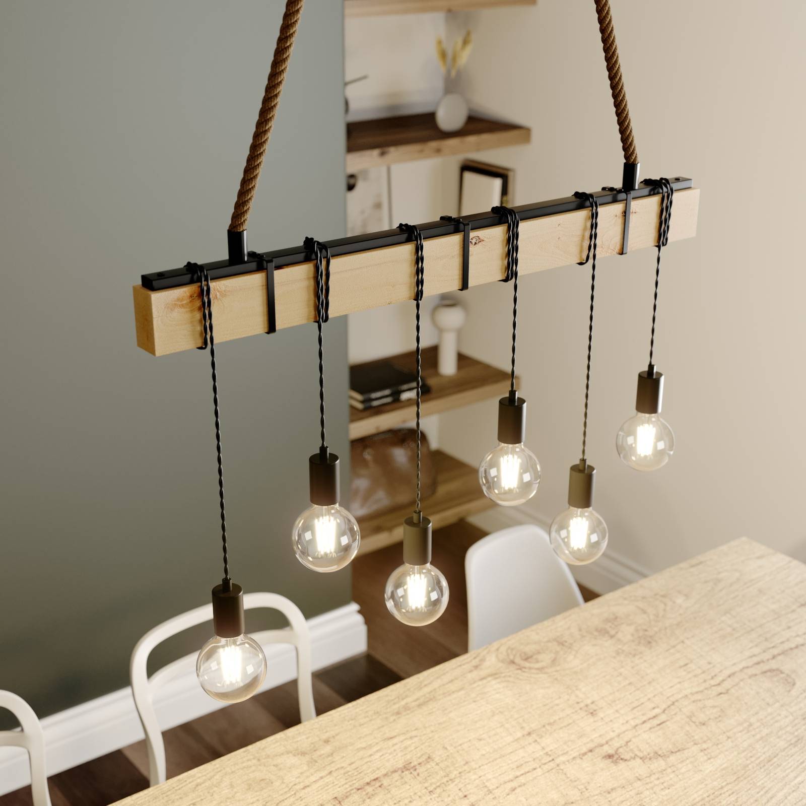 Linear pendant light Cintia with wood, 6-bulb