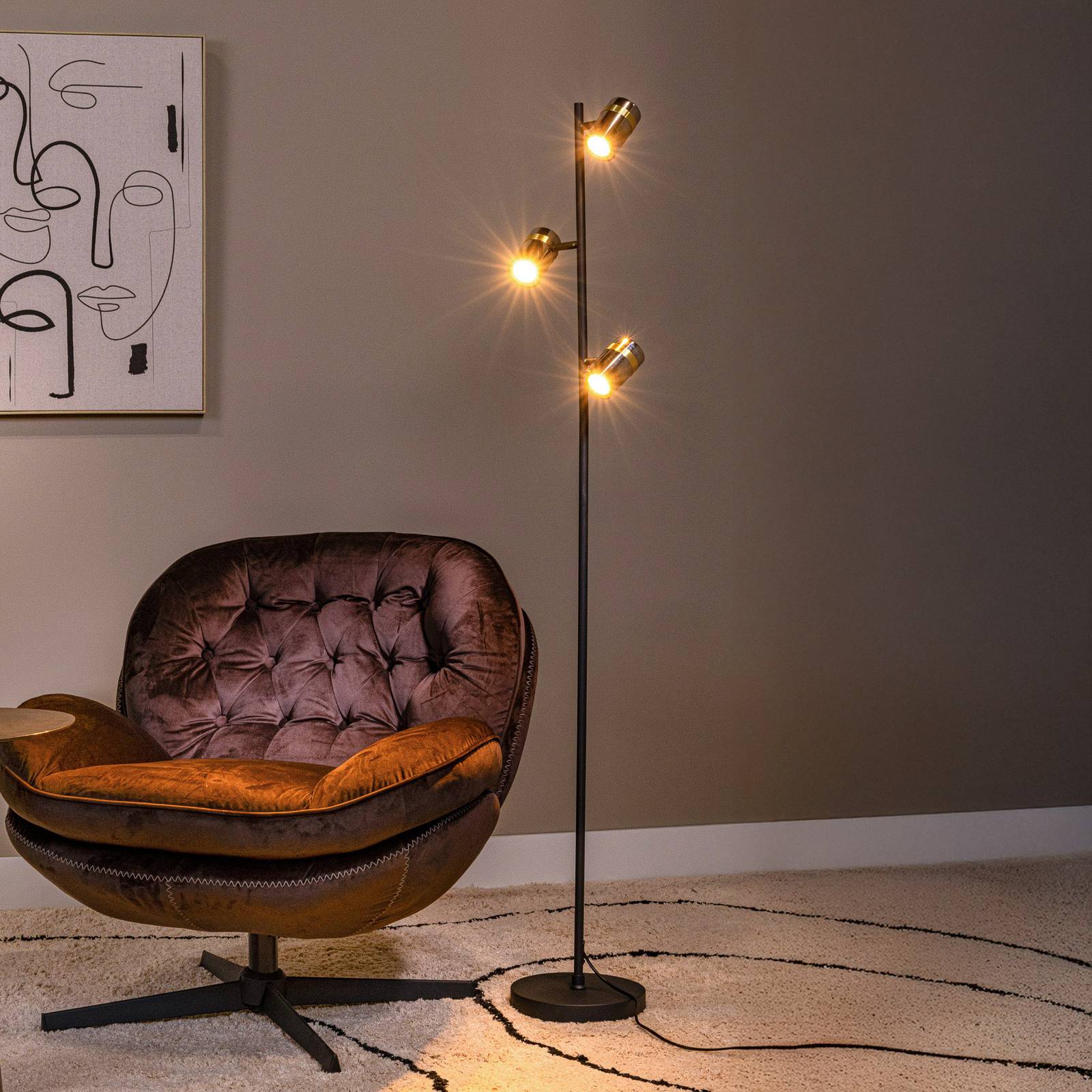 Lucide Lampe sur pied Upton, hauteur 154 cm, noir/gris fumé, à 3 lampes.