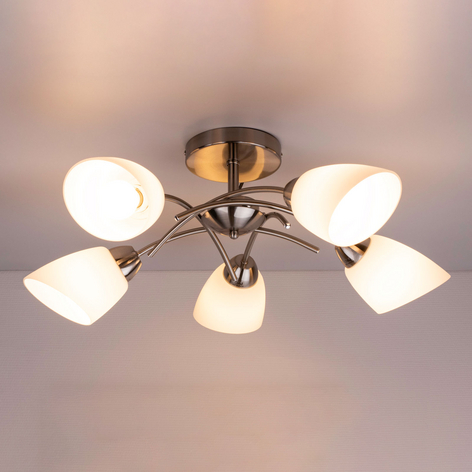 Taklampe Varietta med glasskjermer, nikkel 5 lys