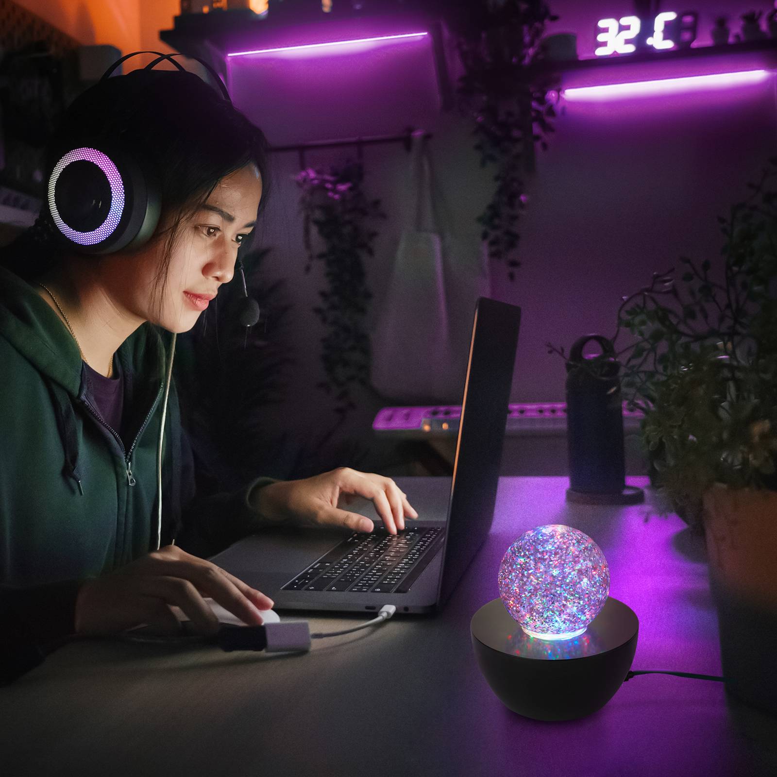 Lampa stołowa LED „Glitter”, czarna/przezroczysta, RGB, średnica 12 cm