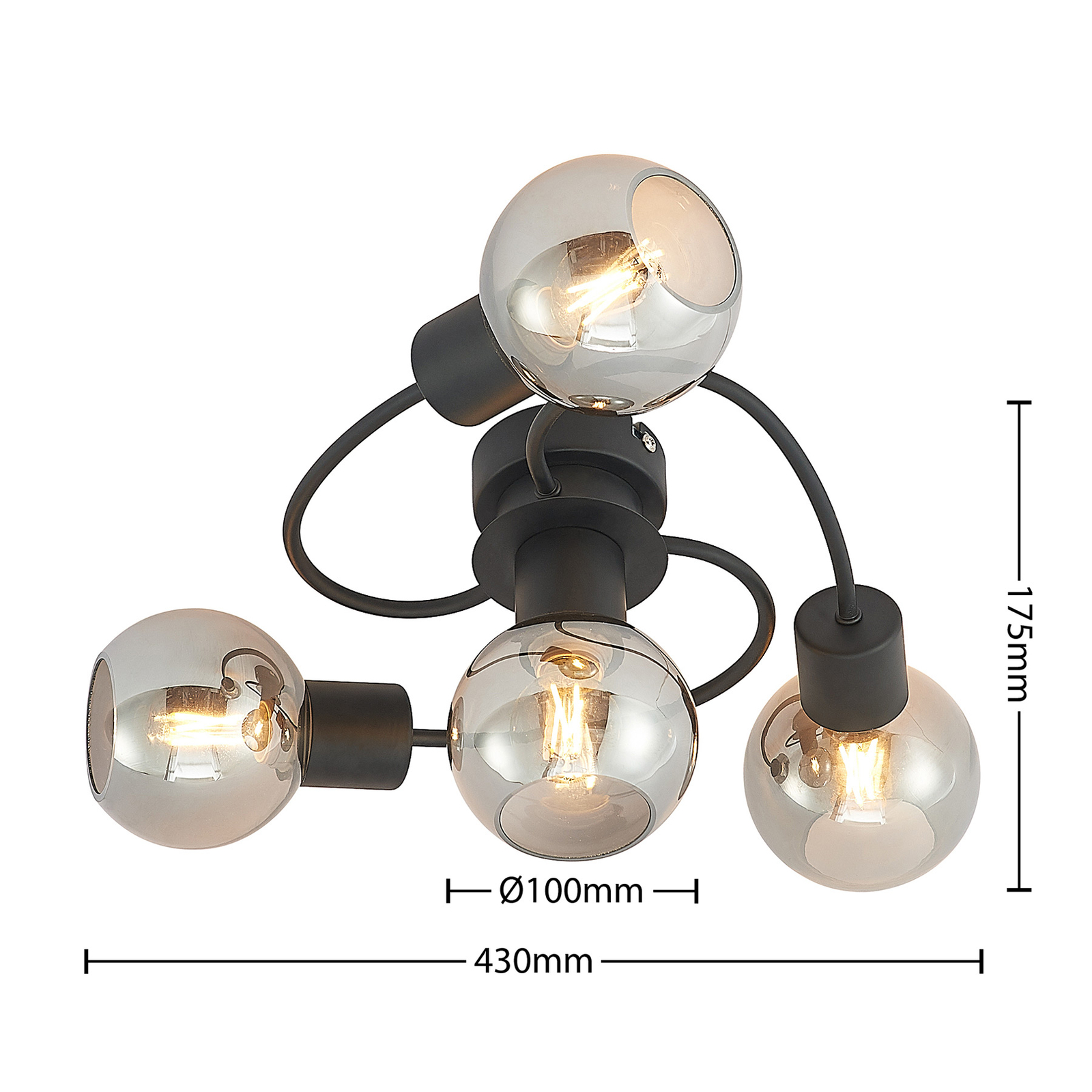 Lindby loftlampe Ciala, 4-lys, sort, smoke, glas