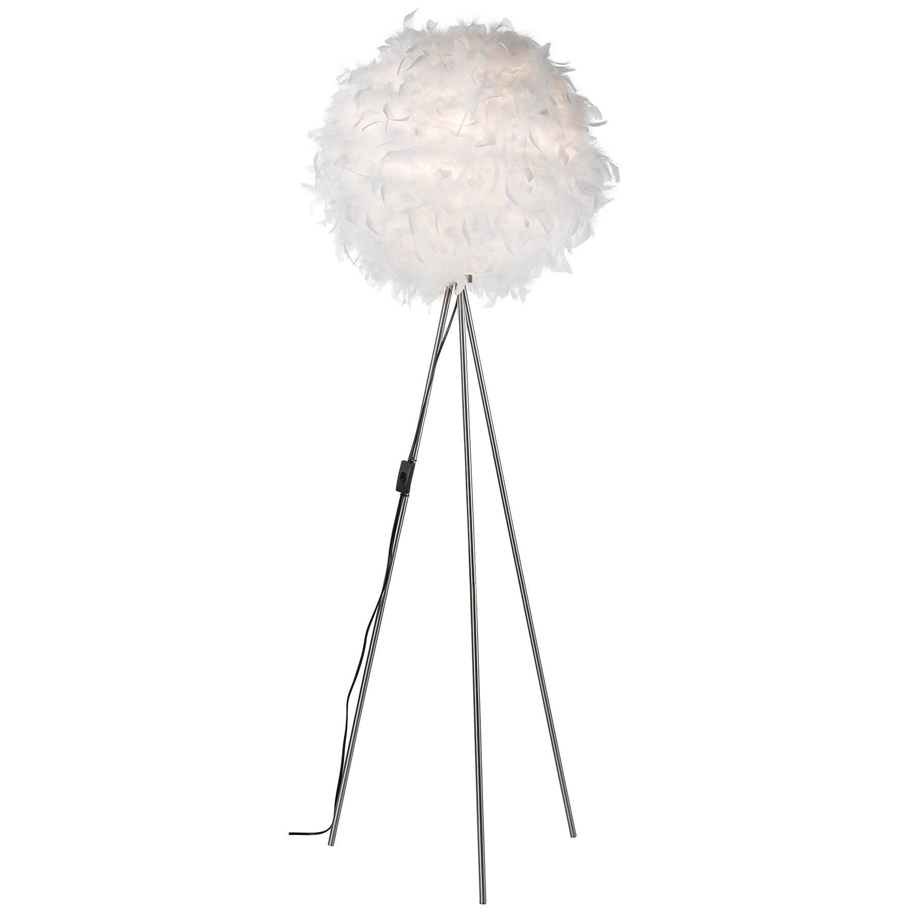 Nino Leuchten Ducky floor lamp, tripod frame, for Living / Dining Room, stainless steel, feathers, E27, 40 W, energy efficiency: A++, H: 150 cm