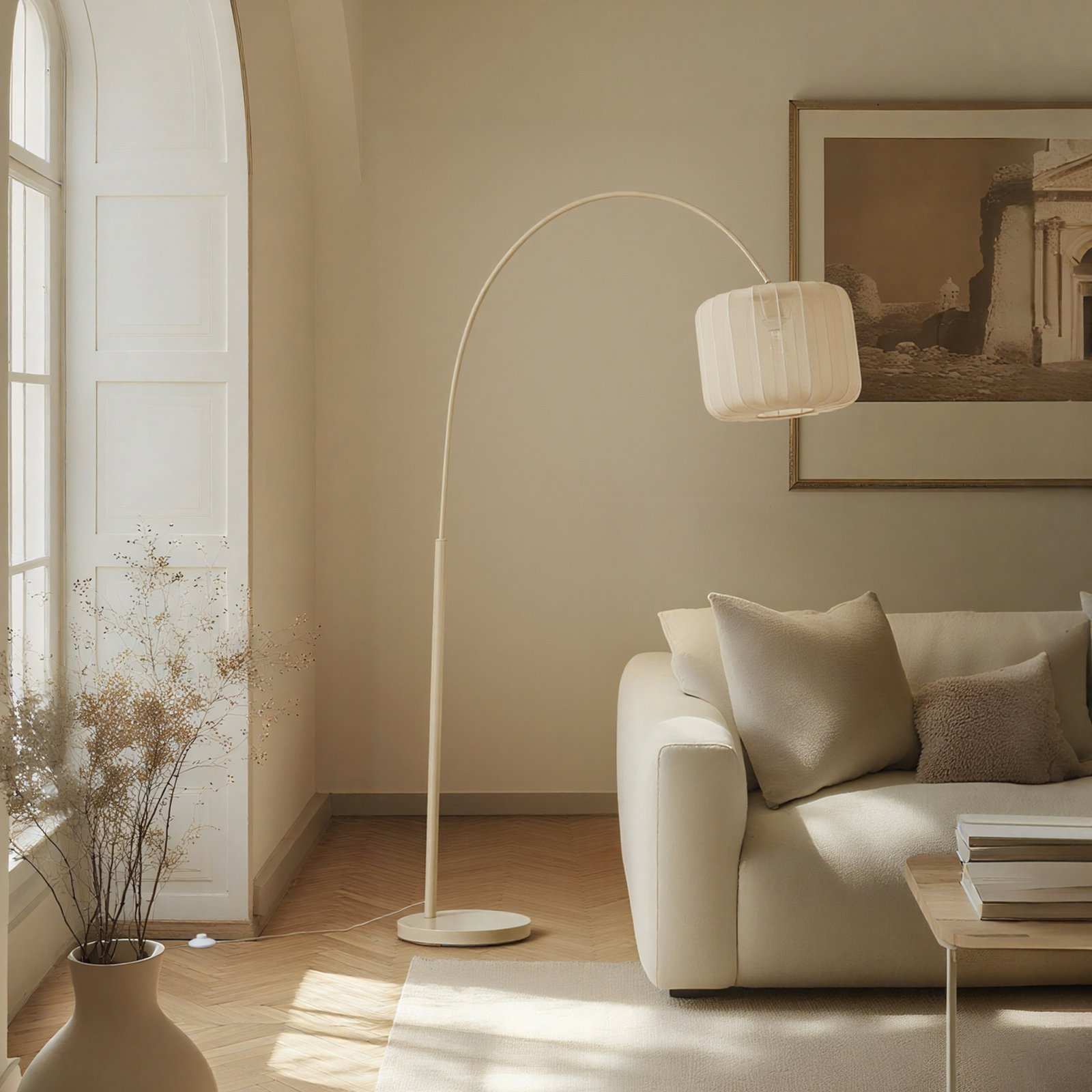 Lindby Bogenleuchte Helin, beige, Textil, Höhe 198,5 cm