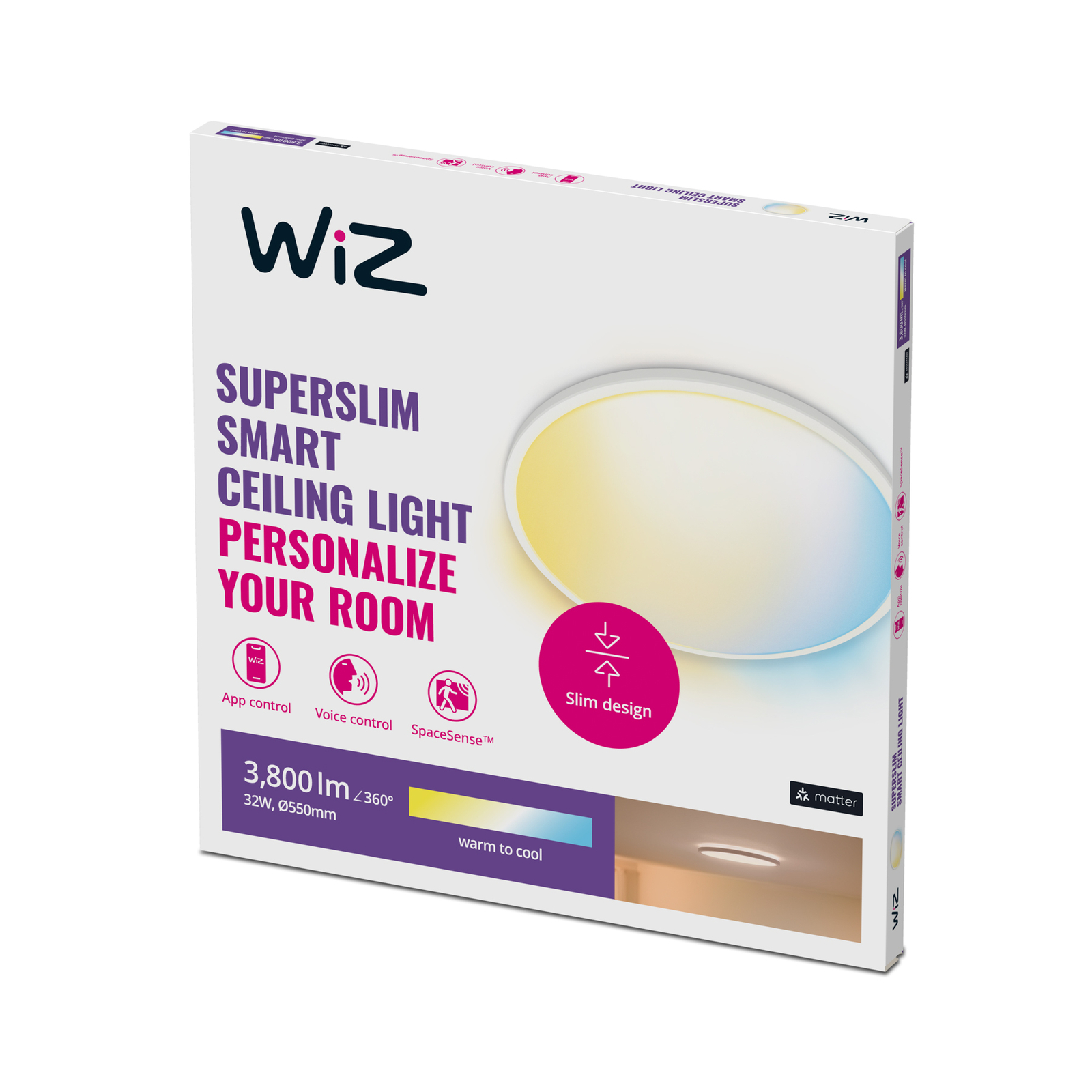 WiZ SuperSlim LED griestu gaisma CCT Ø55cm balta