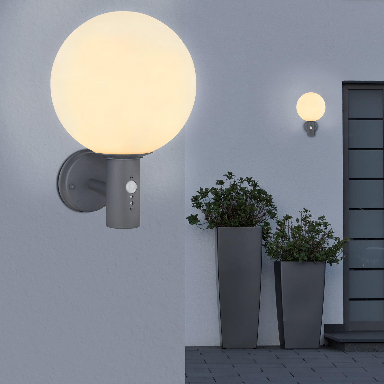 Außenwandlampe Ossy, anthrazit/weiß, Sensor, IP44, E27 Außenwandlampe Ossy, anthrazit/weiß, Sensor, IP44, E27