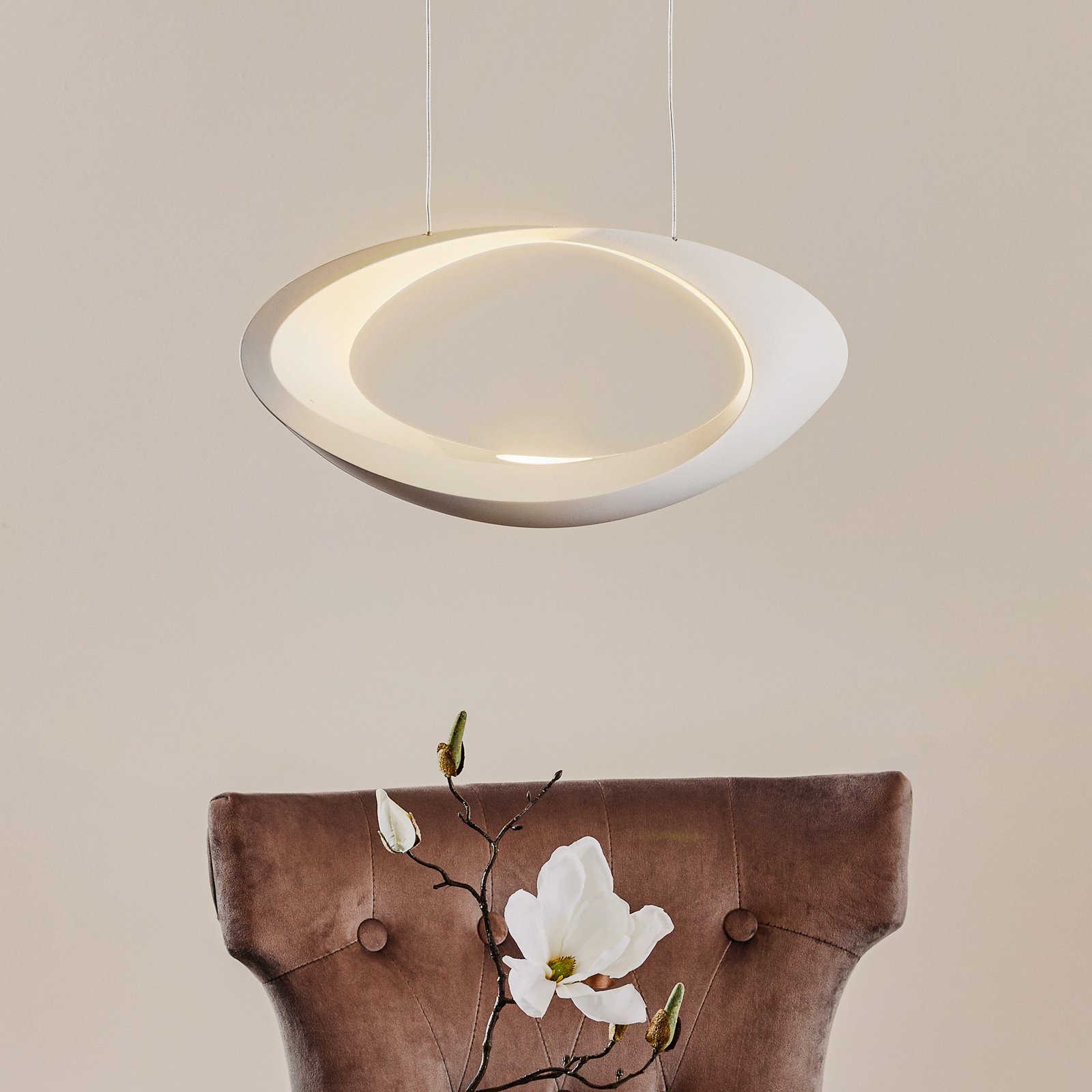 Cabildo white designer LED hanging light, 2,700 K