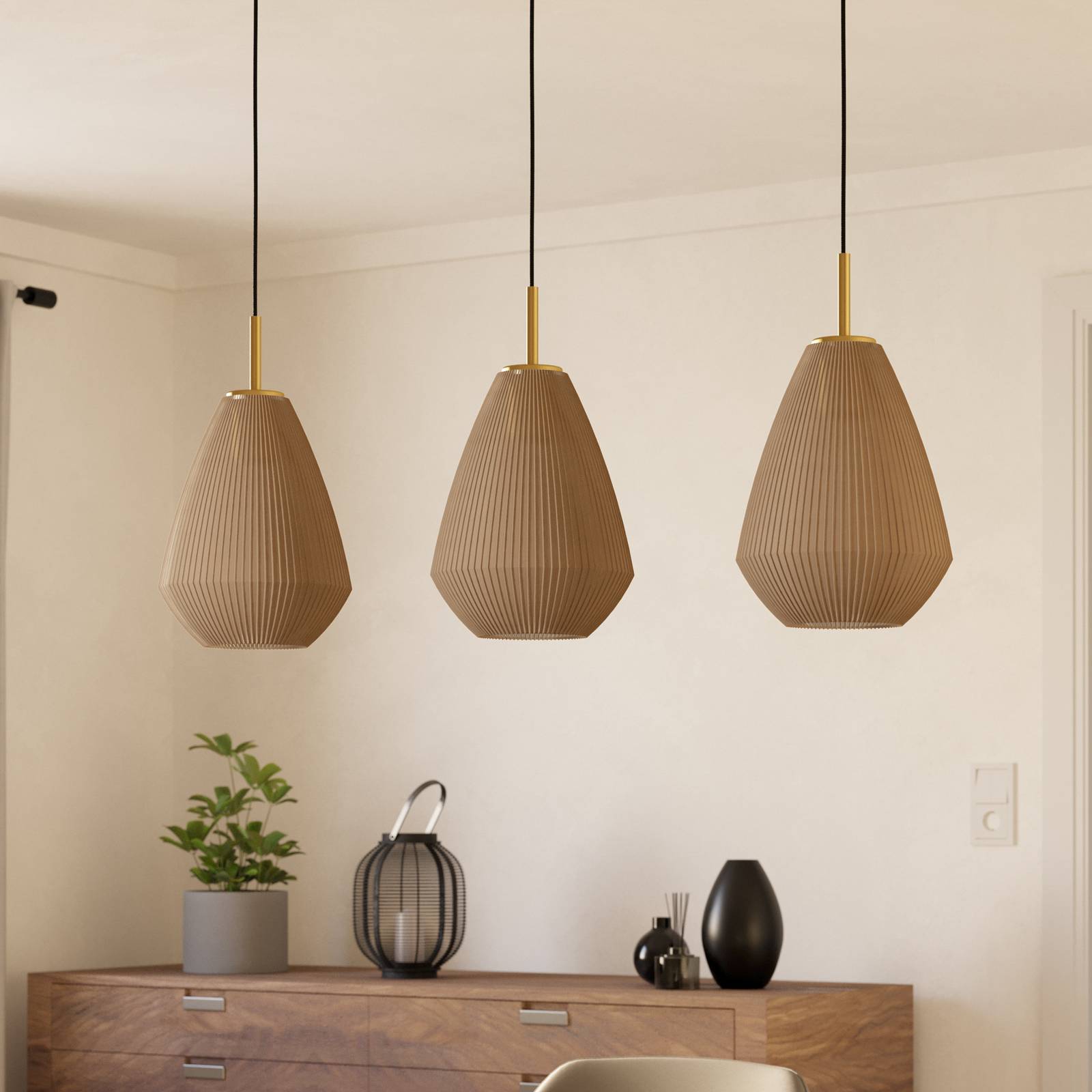 Hängelampe Caprarola, Länge 90 cm, sandfarben, 3-flg., Glas günstig online kaufen