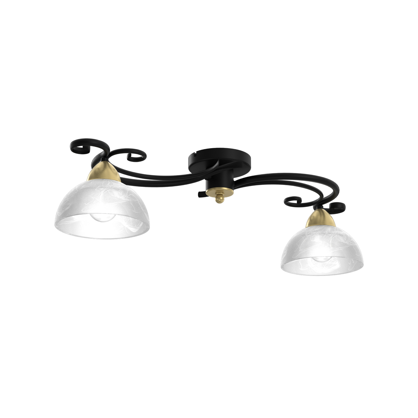Taklampe Flora, 2 glasskjermer, svart/messing