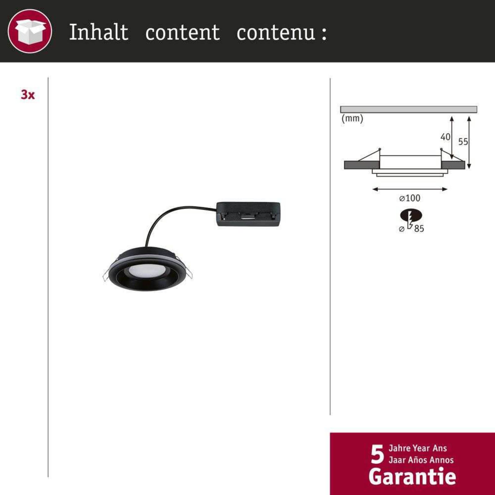 Paulmann LED inbouwlamp Sormus zwart, Ø 10 cm, IP65, set van 3